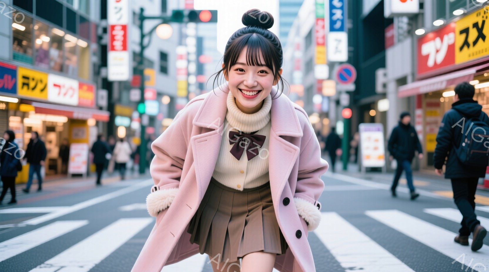 明るいピンク色のコートを着た若い女性が、横断歩道でカメラに向かって笑顔でポーズをとっています。彼女は白のセーターと茶色のプリーツスカートを合わせ、髪を高くまとめ上げています。背景には、賑やかな街並みと歩行者、そして曇り空が広がっており、活気のある都会の雰囲気を醸し出しています。