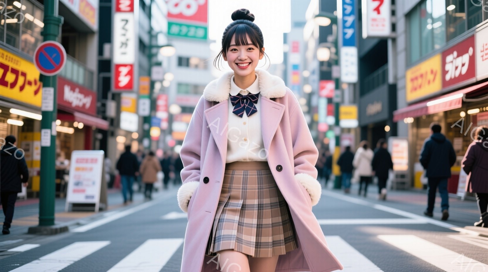 若い女性が、チェック柄のスカートと白いセーター、そしてピンク色のオーバーコートを着て、横断歩道でカメラに向かって微笑んでいます。彼女は髪を高くまとめ、明るい表情で自信に満ち溢れています。背景には、賑やかな街並みと多くの歩行者が見え、晴れた日の活気ある雰囲気が伝わってきます。