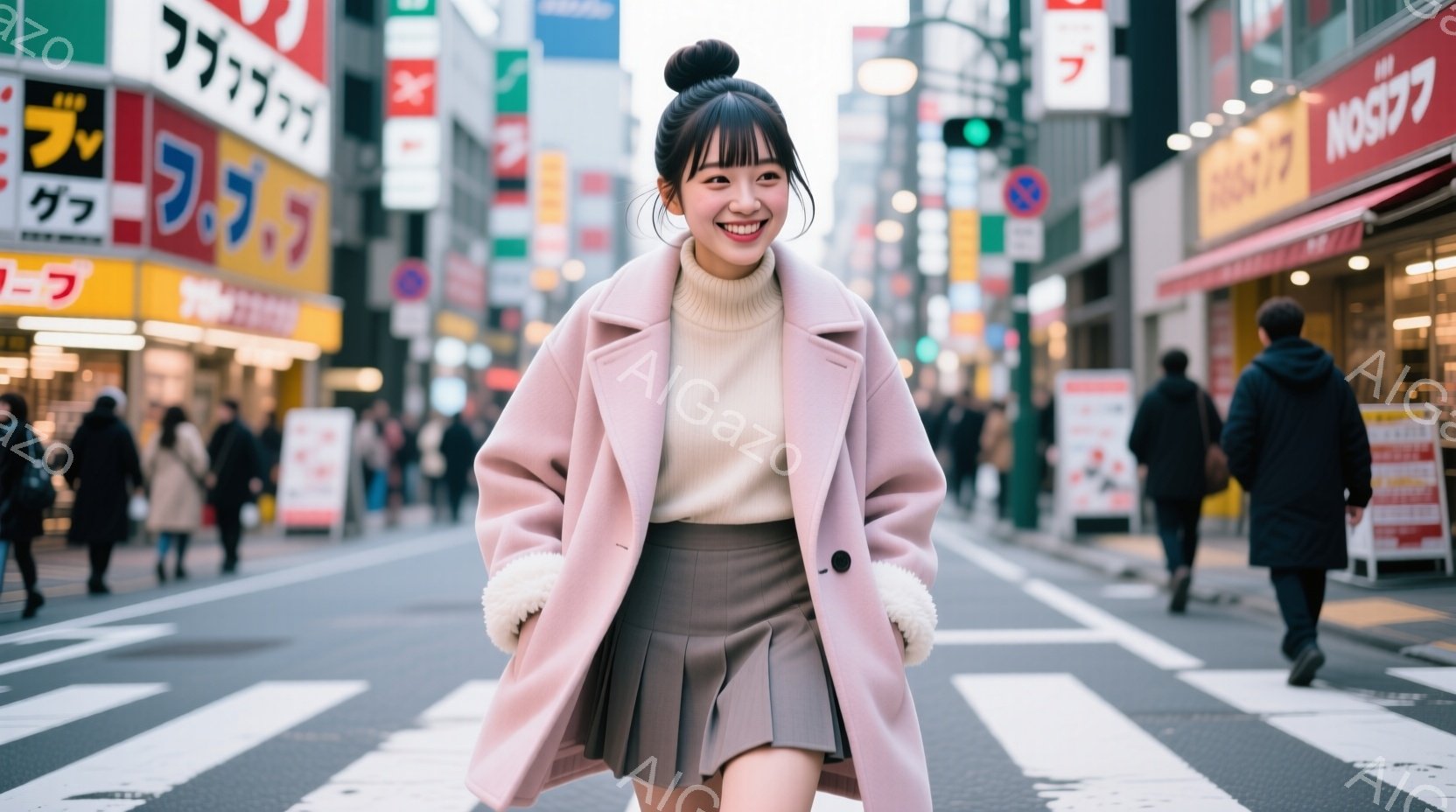 若い女性が横断歩道でカメラに向かって微笑んでいます。彼女はピンク色のコート、ベージュのセーター、そしてプリーツスカートを着ており、髪はきっちりとまとめられています。背景には高層ビルや商店が並び、賑やかな都会の雰囲気が広がっています。