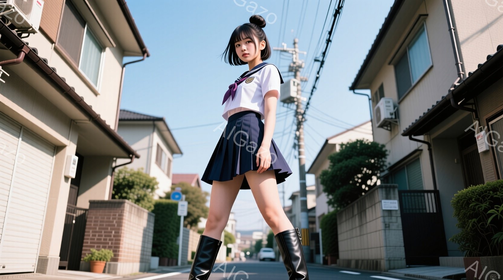 制服姿の若い女性が、住宅街の道路の中央に立っている。彼女は白いブラウスに紺色のプリーツスカート、黒いロングブーツを履き、髪を高くまとめており、少し挑発的な表情をしている。背景には、整然と並んだ住宅と、日当たりの良い晴天が広がっており、全体的に活発で若々しい雰囲気を醸し出している。