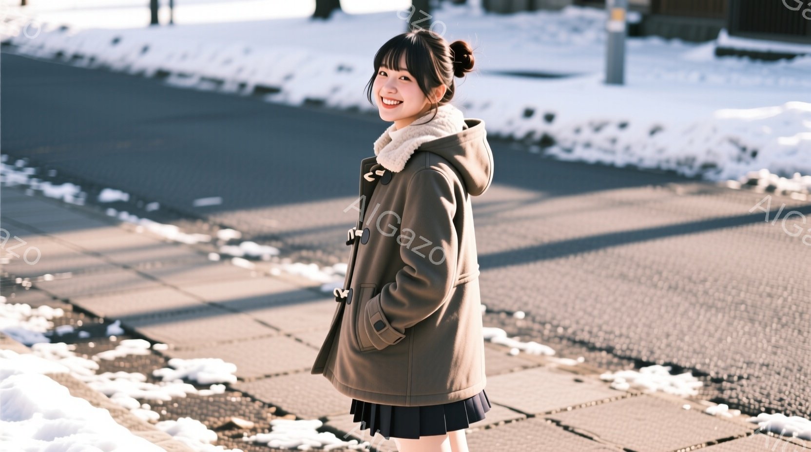 画像には、茶色のコートと紺色のプリーツスカートを身に着けた若い女性が写っています。彼女は軽く微笑み、髪を後ろで結んでいます。背景には、雪が降った後の石畳の道と、わずかに見える建物があり、冬の穏やかな雰 - AI生成フリー素材