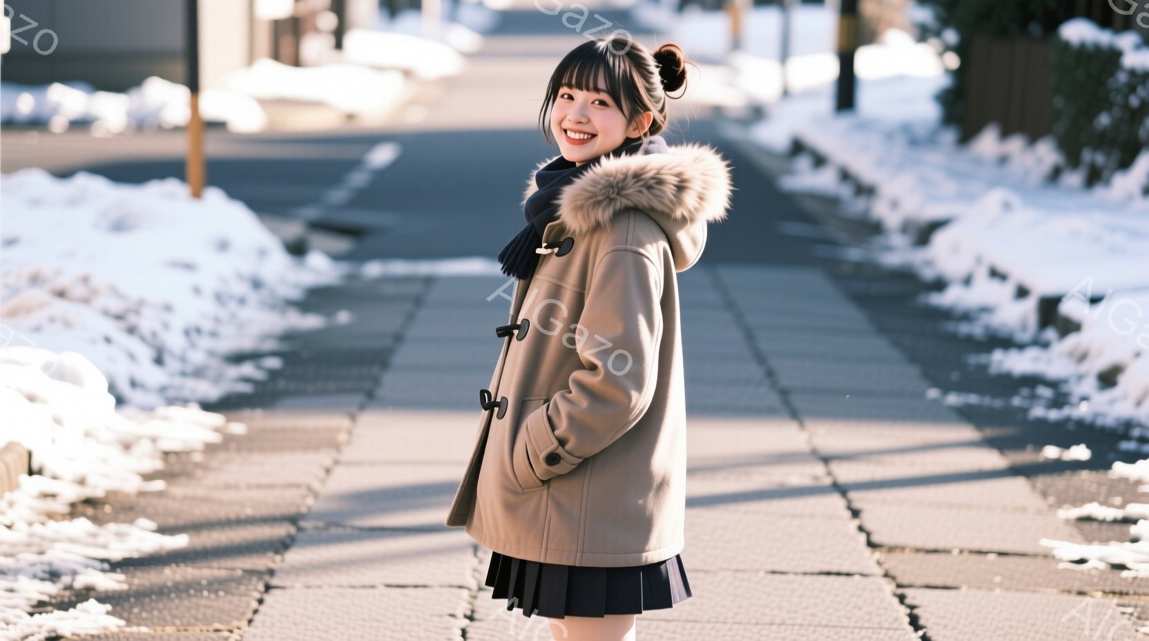 画像には、ベージュ色のフード付きコートと黒いスカートを着用した若い女性が写っています。彼女は少し振り返り、微笑んでおり、明るい表情です。背景は雪が積もった歩道と建物で、冬の晴れた日の穏やかな雰囲気が感 - AI生成フリー素材