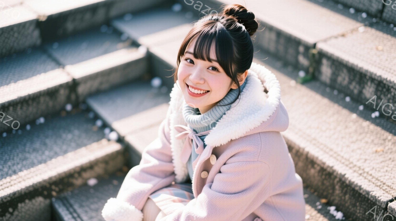 明るい笑顔を見せる若い女性が、石段に座っています。ピンク色のフリースのような襟付きのジャケットと、水色のセーターを着用し、髪は高い位置でまとめられています。背景には石段が続き、穏やかな日差しが差し込ん - AI生成フリー素材