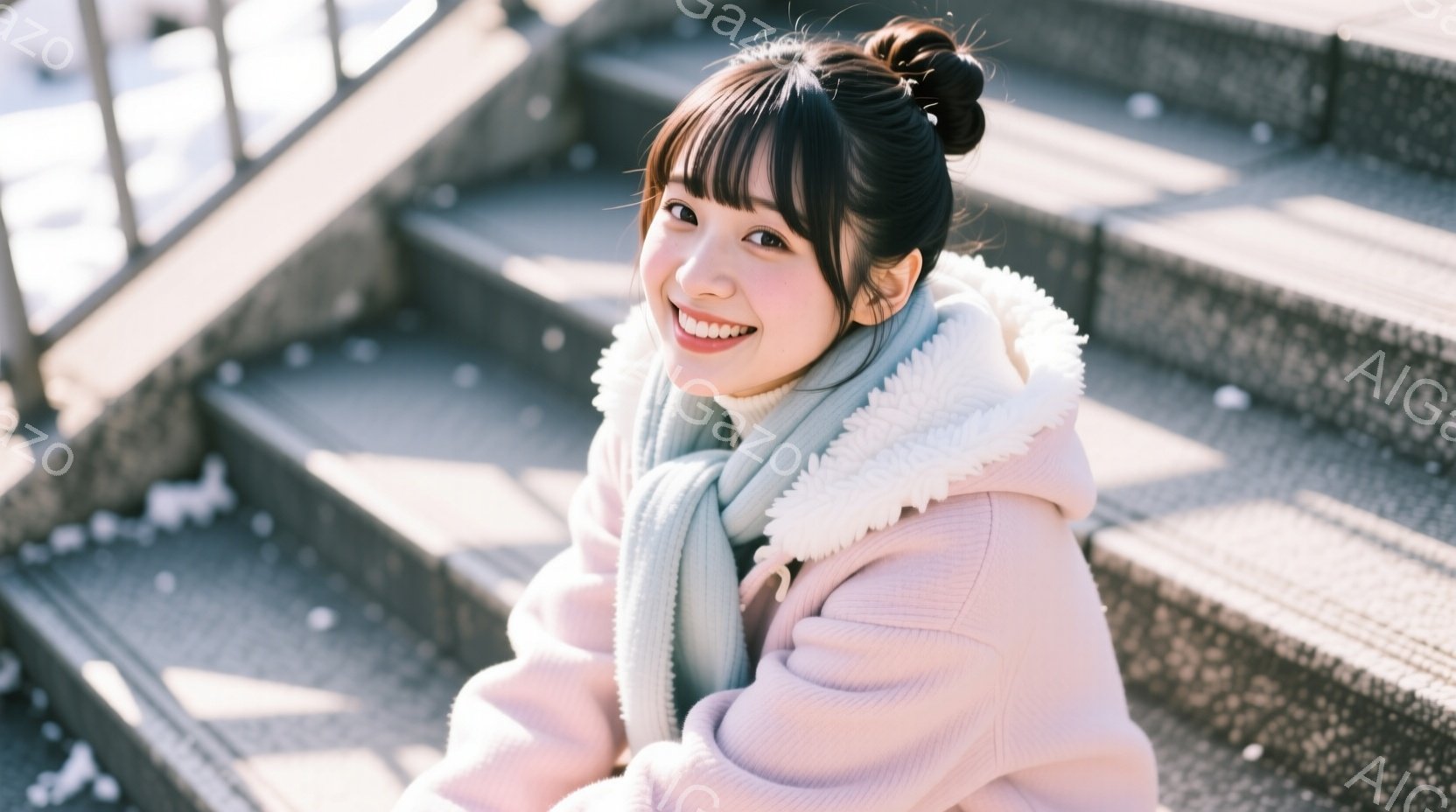 明るい笑顔の若い女性が、コンクリートの階段に座っています。淡いピンク色のパーカーとクリーム色のニット、そして水色のマフラーを身につけ、髪は前髪を出し、後ろで一つに結んでいます。背景にはぼやけた建物が見 - AI生成フリー素材