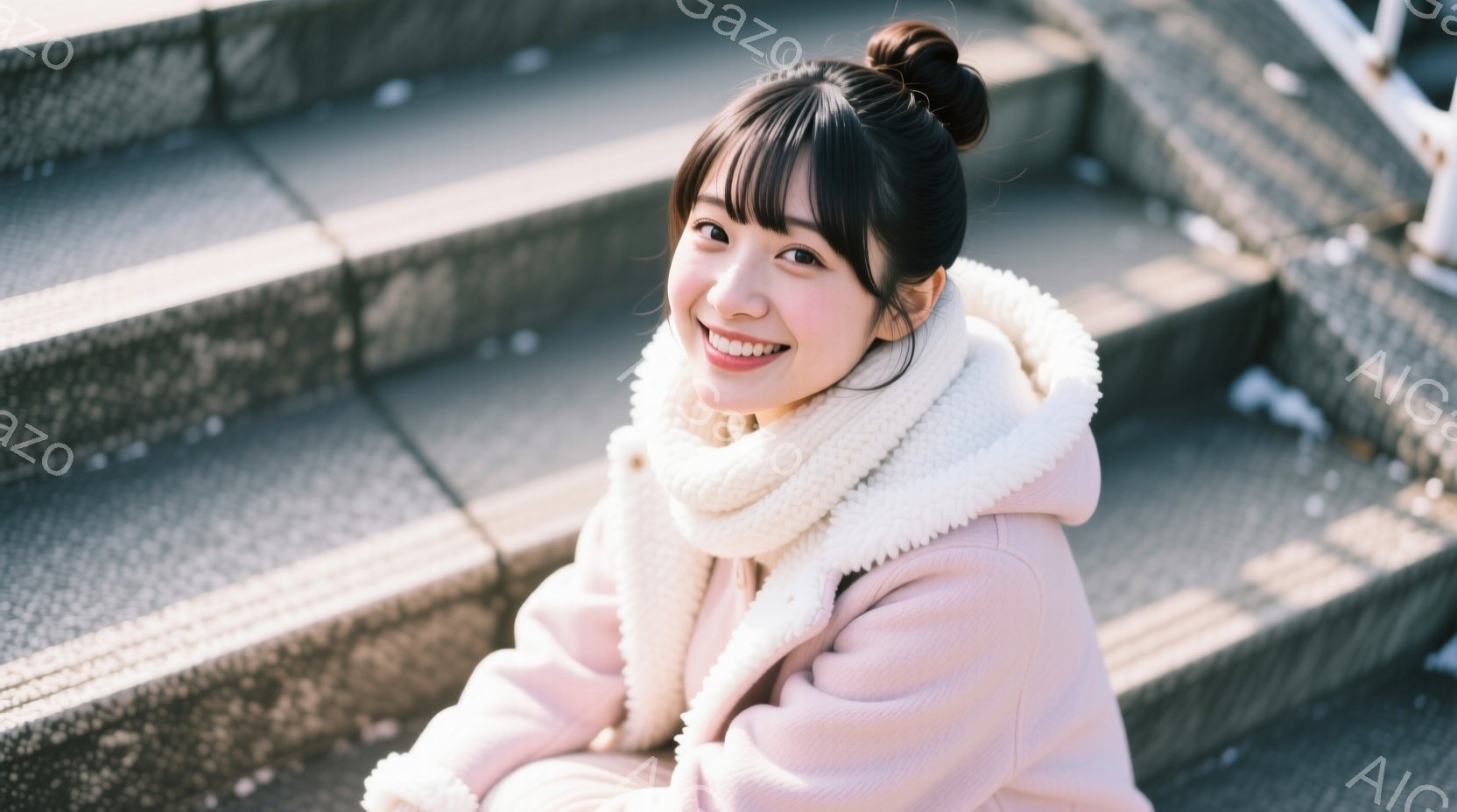 画像には、階段に座って微笑む若い女性が写っています。彼女はピンク色のパーカーと白いニットのマフラーを着ており、髪は後ろでまとめています。背景には石段が続き、全体的に暖かく穏やかな雰囲気です。 - AI生成フリー素材