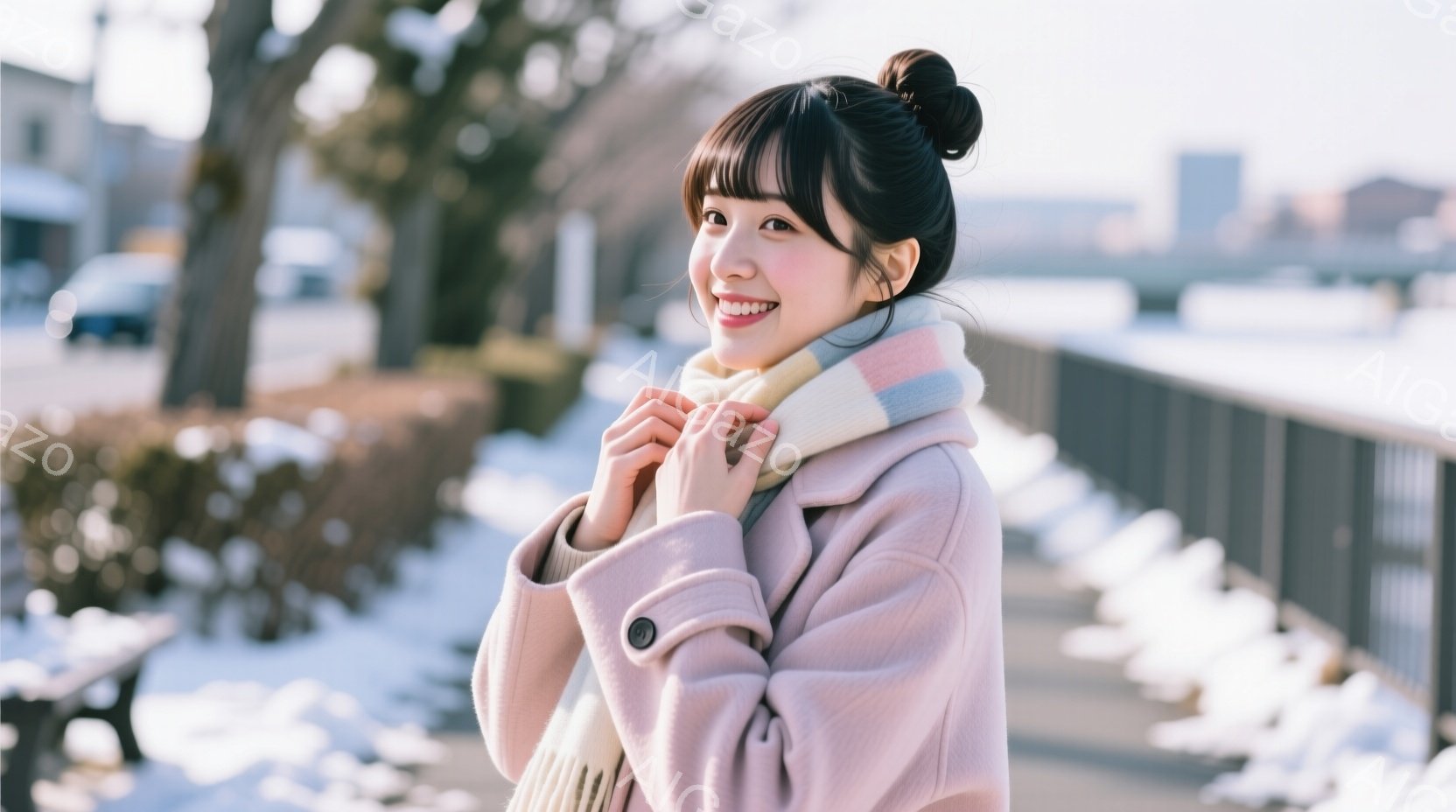 明るい笑顔を浮かべた女性が、淡いピンク色のコートとカラフルなマフラーを身につけて立っています。彼女は両手でマフラーを抱え、少し上目線でカメラを見ています。背景には雪景色が広がり、木々や建物がぼんやりと - AI生成フリー素材