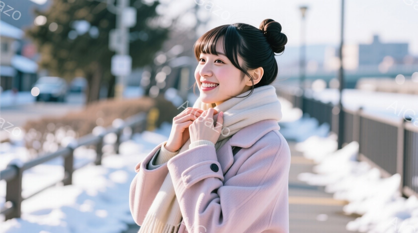 明るい笑顔の若い女性が、淡いピンク色のコートと白いマフラーを身に着けて立っています。彼女は両手でマフラーを抱きかかえ、少し横を向き、どこかを見つめています。背景には雪景色が広がり、柵や建物が見え、全体 - AI生成フリー素材