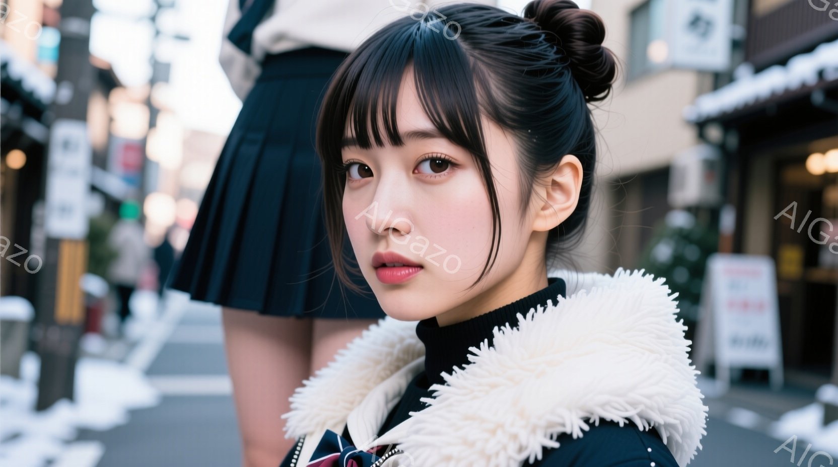 若い女性が、黒いふわふわの襟付きのジャケットを着て、正面を見つめています。彼女は前髪を下ろしたヘアスタイルで、少し微笑んだ表情を浮かべています。背景には、ぼやけた街並みと、冬の路面が見え、全体的に柔ら - AI生成フリー素材