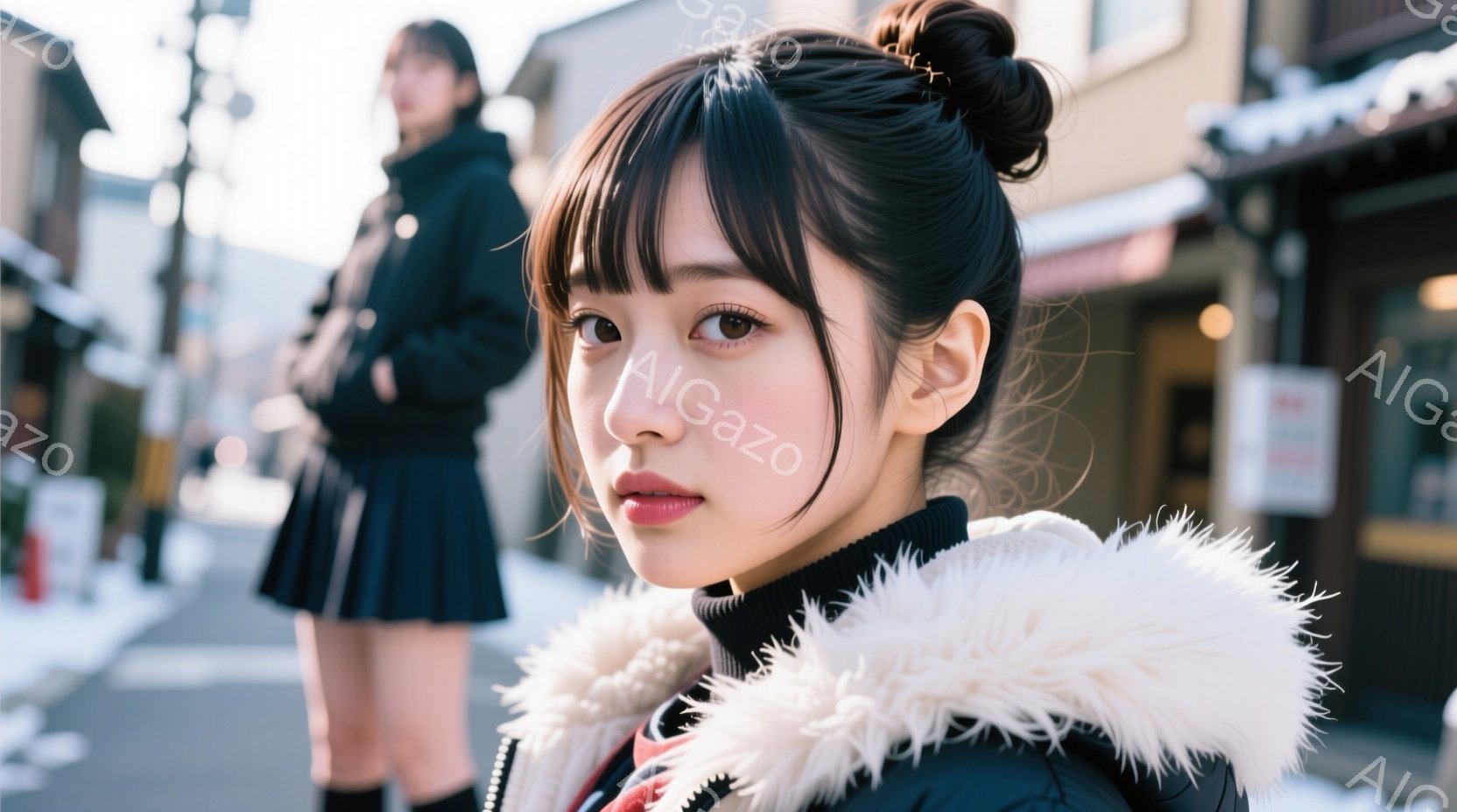 この女性は黒いフリル付きのパーカー、チェック柄のシャツ、プリーツスカート、そして黒い靴下を身に着けています。髪は前髪を出し、後ろでまとめられています。背景にはぼやけた建物と、わずかに雪が積もった道路が - AI生成フリー素材