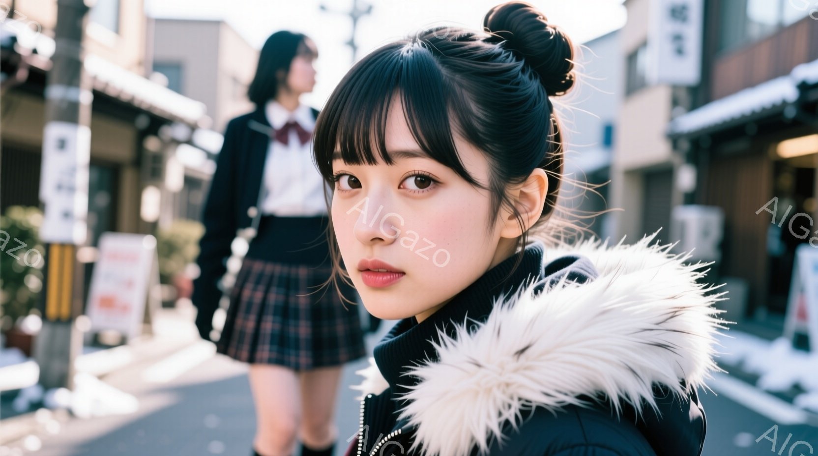 画像には、制服を着た女子高生が写っています。彼女は黒いパーカー付きジャケットを着ており、顔の近くで焦点が合っています。背景には、他の制服姿の女子高生と、日本の街並み、そして冬の空が広がっています。