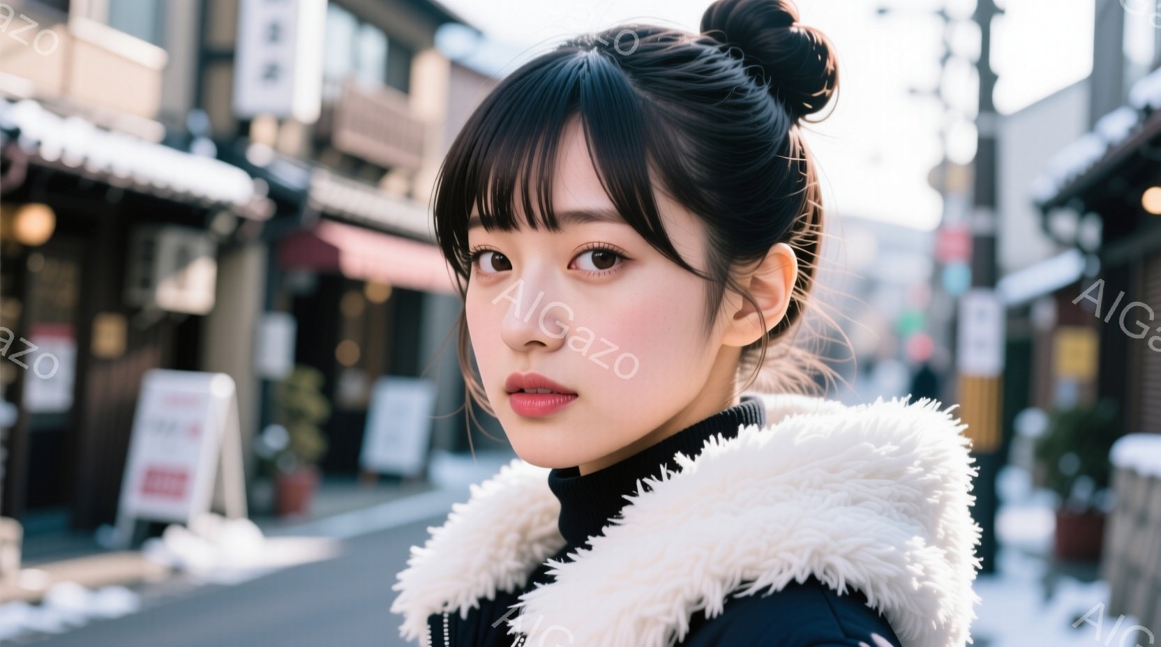 若い女性が正面を見据え、少し微笑んでいます。彼女は黒いパーカーに白いファーのフードをつけ、髪を高く結んでいます。背景には、伝統的な木造建築が並び、石畳の道が広がっており、晴れた日の穏やかな雰囲気が漂っ - AI生成フリー素材