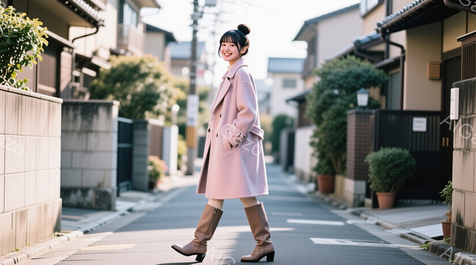 若い女性が、薄いピンク色のロングコートとブラウンの膝丈ブーツを身につけ、石畳の道を進んでいます。彼女は軽く微笑み、少し上目遣いで、活発な印象を与えます。背景には、整然と並んだ住宅と手入れされた緑が広がり、晴れた日の穏やかな街並みを映し出しています。