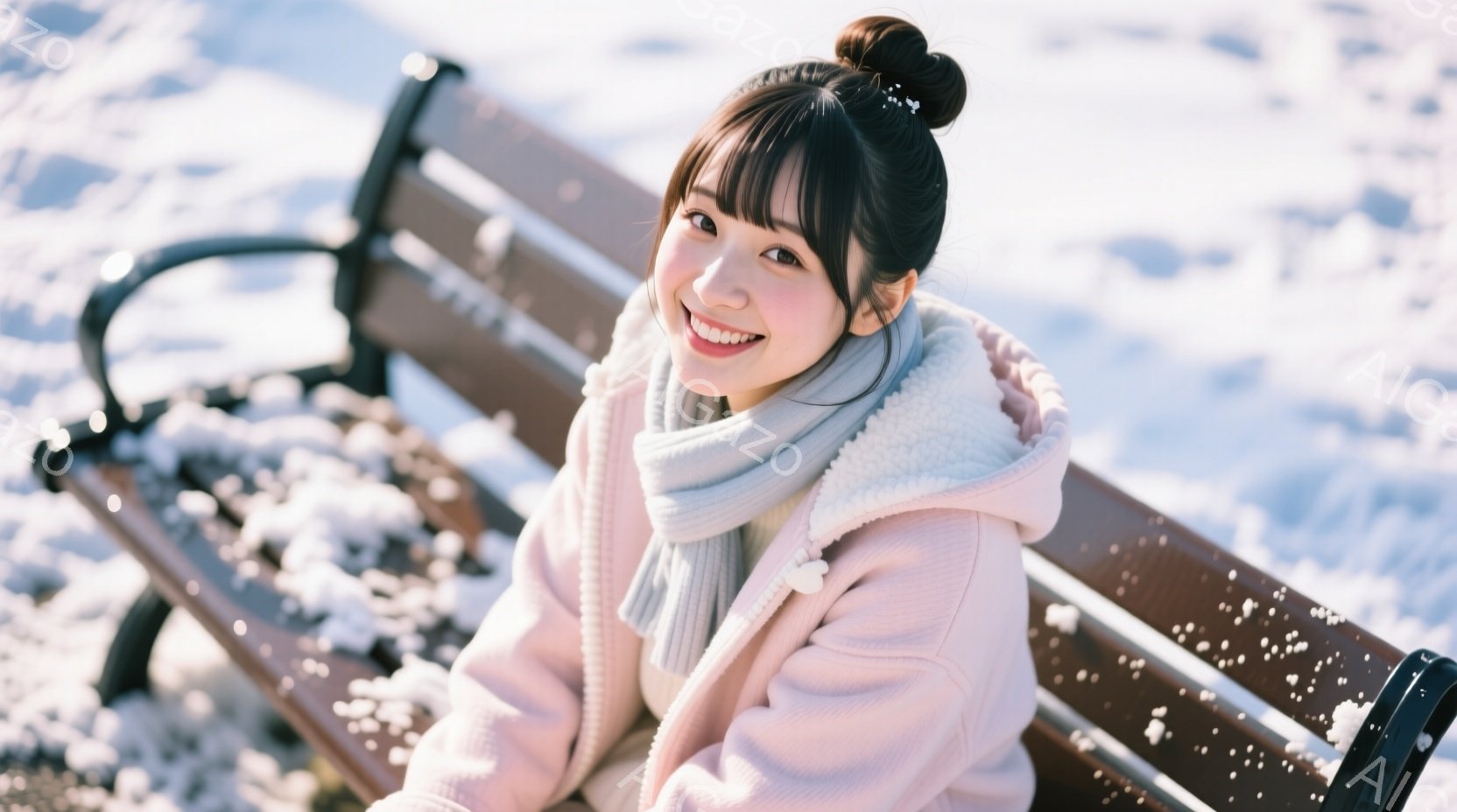 画像は、雪が降る中で公園のベンチに座っている若い女性を捉えています。彼女はピンク色のふわふわしたジャケットと白いスカーフを着ており、髪を高くまとめています。明るい笑顔でカメラを見つめ、暖かく穏やかな雰 - AI生成フリー素材