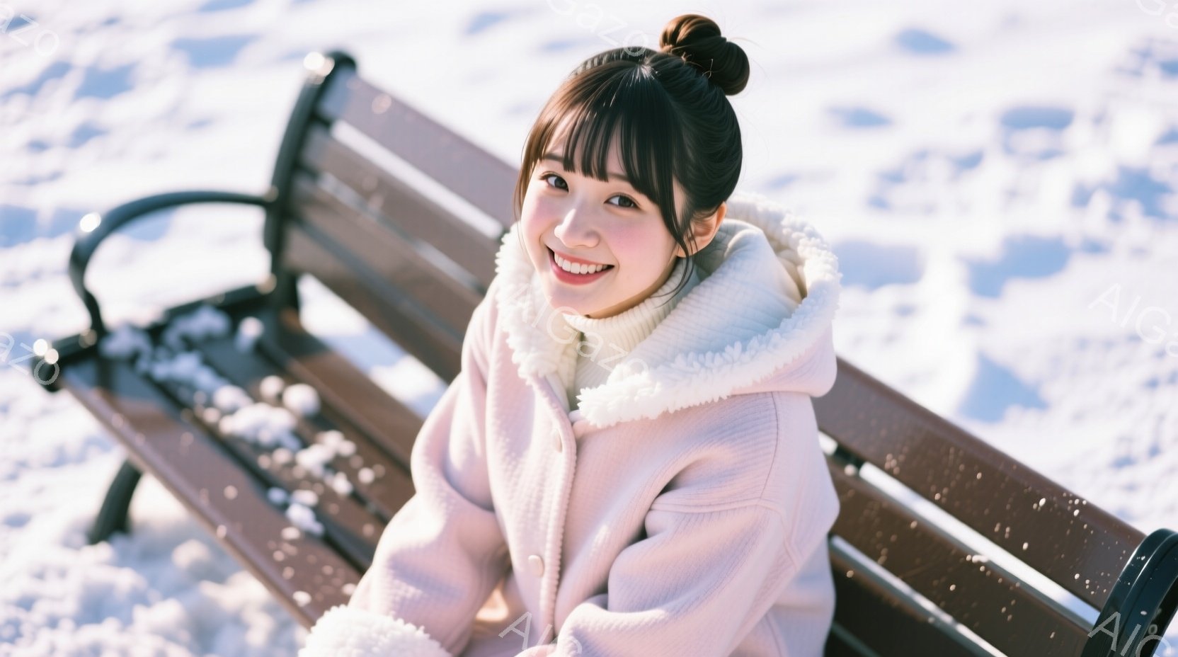 若い女性が雪景色の中でベンチに座っています。彼女はピンク色のふわふわしたパーカーと白いインナーを着ており、髪をまとめ上げています。笑顔でカメラに向かっており、冬の穏やかで暖かい雰囲気が漂っています。