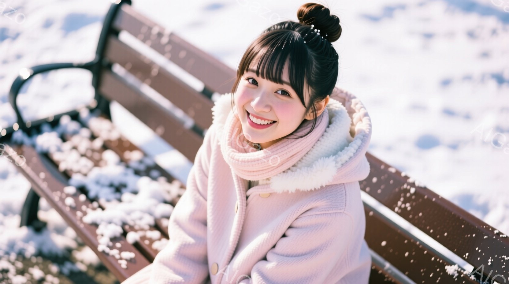 明るい笑顔を見せる女性が、雪が積もったベンチに座っています。彼女はピンク色のふわふわしたコートとマフラーを身に着け、髪は前髪を下ろしたお団子ヘアです。背景は雪景色で、全体的に暖かく、優しい雰囲気が漂っ - AI生成フリー素材