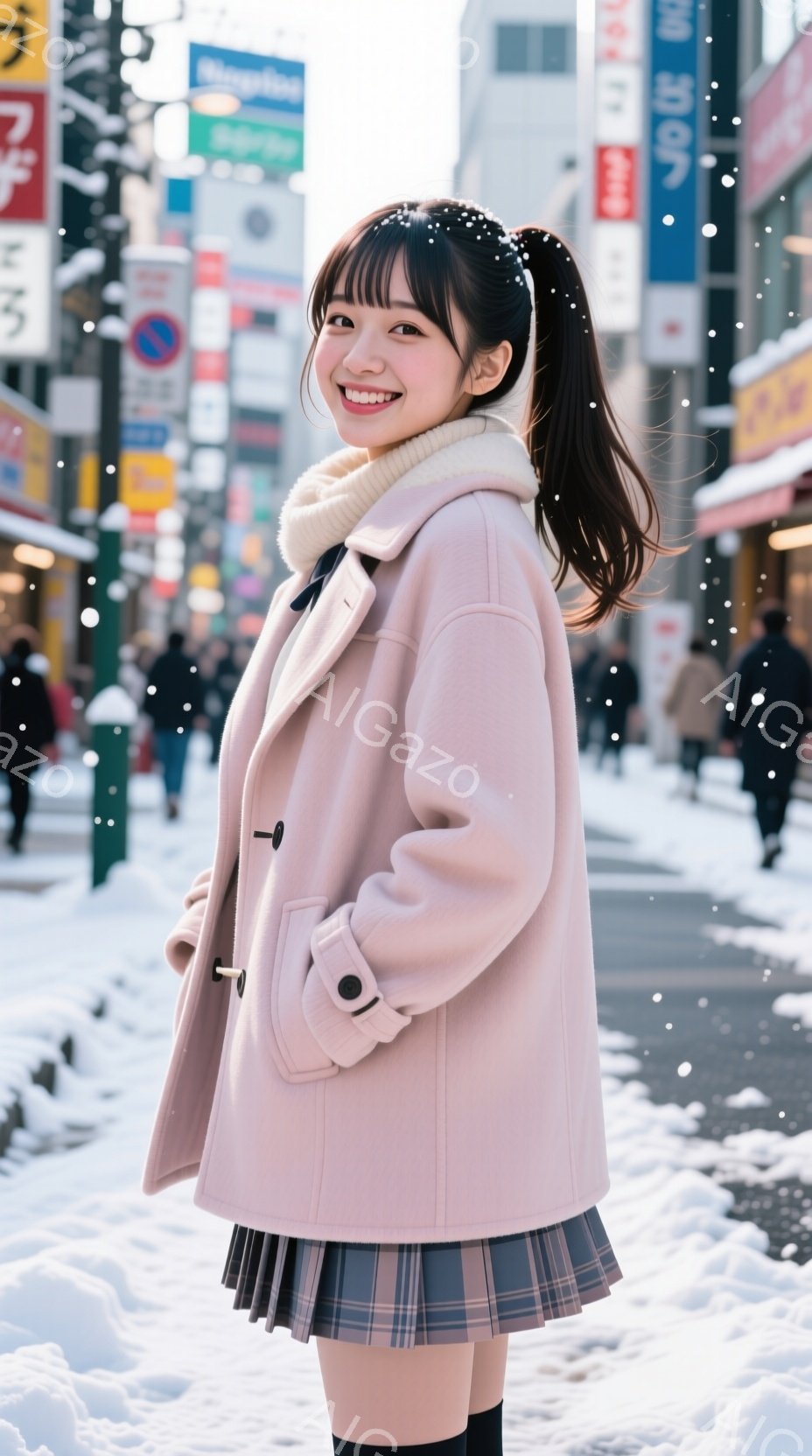 若い女性が冬の街並みを背景に立っている。ピンク色のコートにチェック柄のスカート、黒いタイツを着用し、ポニーテールにしている。彼女は笑顔でカメラを見つめ、明るく穏やかな雰囲気を醸し出している。 - AI生成フリー素材