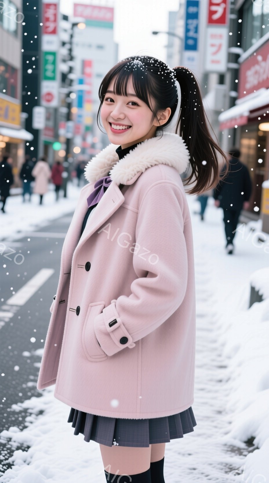 画像には、ピンク色のコートを着て、チェック柄のスカートを履いた若い女性が写っています。彼女は微笑んでおり、髪は後ろでポニーテールに結ばれています。背景には、雪が舞う街並みが見え、お店の看板や歩行者がぼやけています。