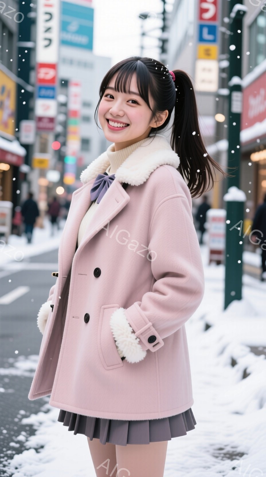 画像は、ピンク色のコートを着た若い女性が写っています。彼女は明るい笑顔を見せ、少し体をひねって正面を見ています。背景には、雪が舞う街並みとお店の看板が見え、冬の穏やかな雰囲気が漂っています。 - AI生成フリー素材