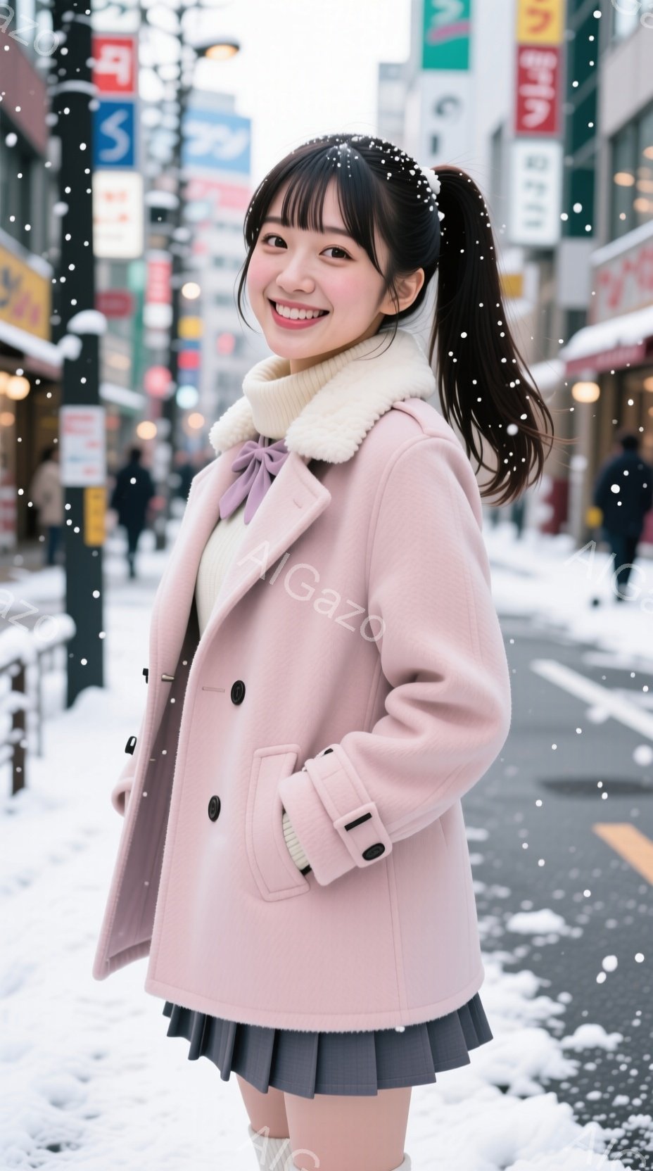 明るいピンク色のピーコートにグレーのプリーツスカートを合わせた若い女性が写っています。彼女は長い黒髪をポニーテールにし、顔には笑顔が浮かんでいます。背景には、雪が舞う街並みと、看板が並ぶ建物が見え、冬 - AI生成フリー素材