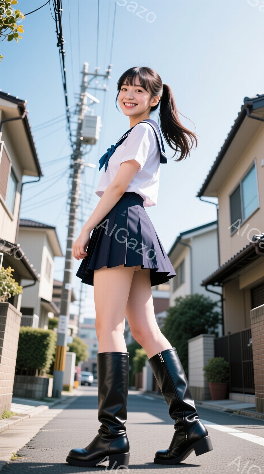 制服姿の若い女性が、日当たりの良い住宅街の道路を歩いています。彼女は濃い青色のプリーツスカートと白いブラウス、そして黒いロングブーツを履いており、髪は後ろでポニーテールに結ばれています。背景には住宅や - AI生成フリー素材