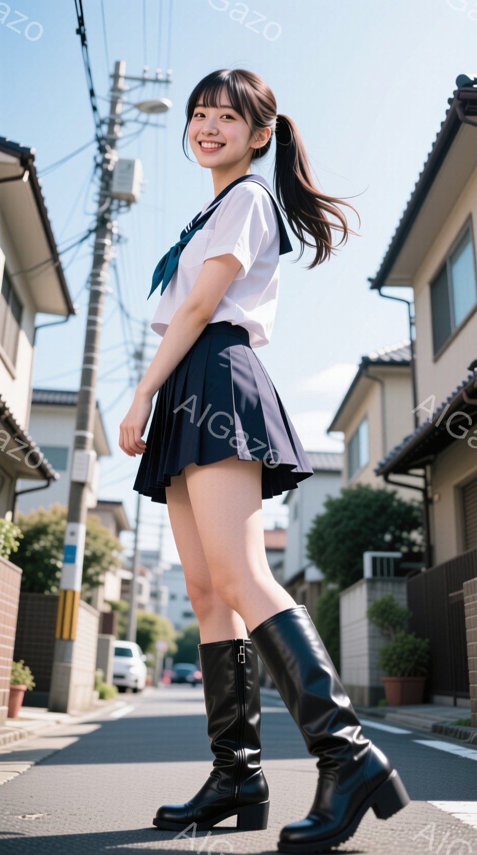 画像には、紺色のプリーツスカートと白いブラウス、黒いニーハイブーツを着用した若い女性が写っています。彼女は少し横を向き、笑顔でカメラを見ており、髪はポニーテールに結ばれています。背景は住宅街で、晴天の - AI生成フリー素材