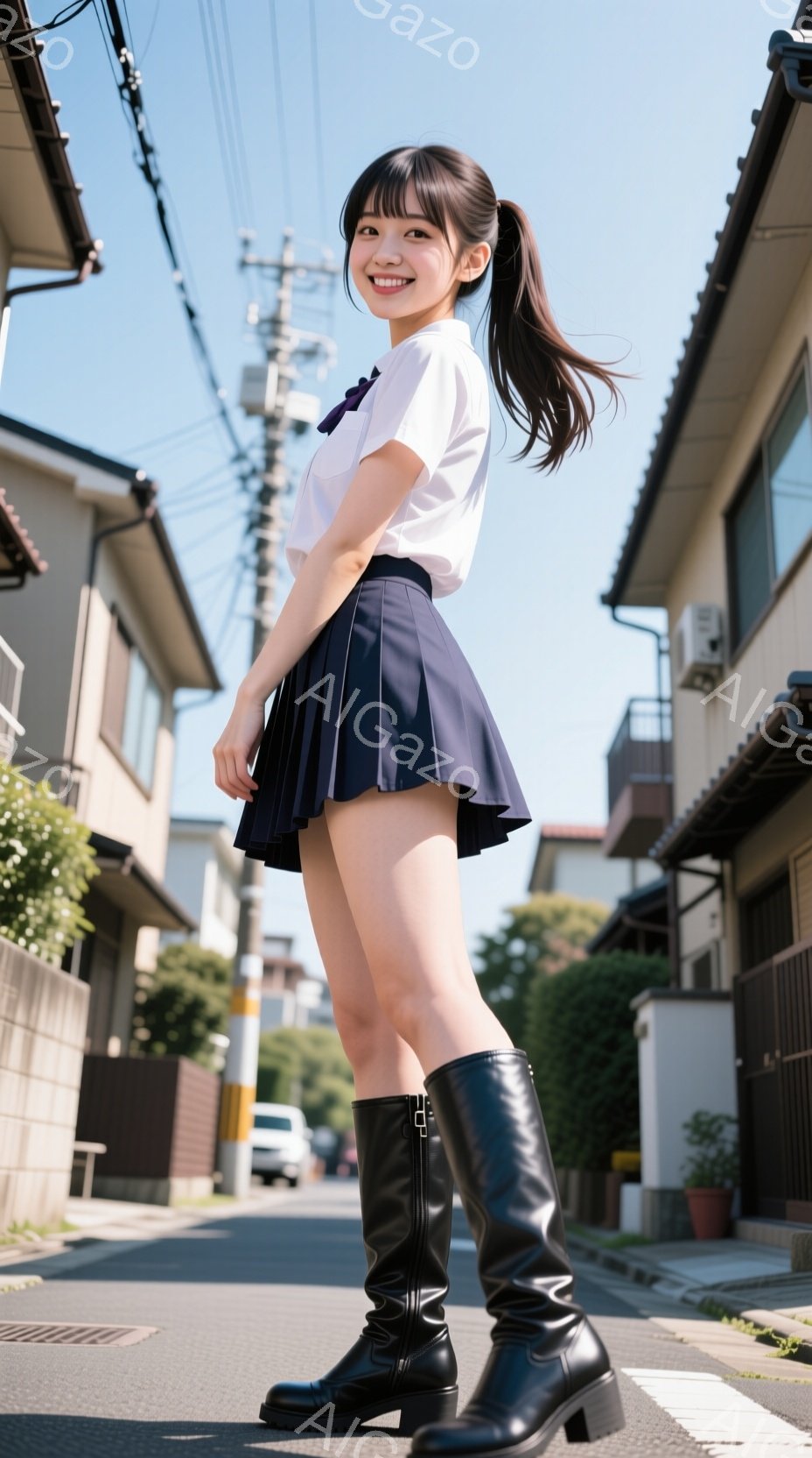 若い女性が、紺色のプリーツスカートと白いシャツ、黒いロングブーツを身に着けて、住宅街の路上に立っている。彼女は少し振り返り、笑顔でカメラを見ている。背景には、日本家屋と緑豊かな植物が見え、晴れた日の穏 - AI生成フリー素材