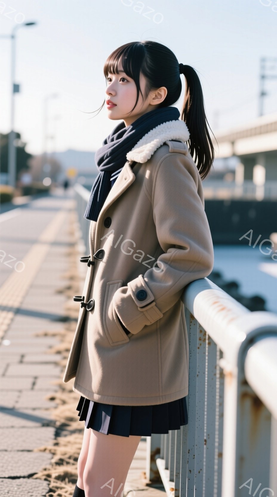 若い女性がベージュ色のオーバーコートと黒のプリーツスカートを身につけ、金属製の柵にもたれて立っている。彼女は長い黒髪をポニーテールにしており、少し横を向いて遠くを見つめている表情は穏やかで少し憂いを含んでいる。背景には海と橋が見え、日差しが穏やかな冬の日の光景が広がっている。