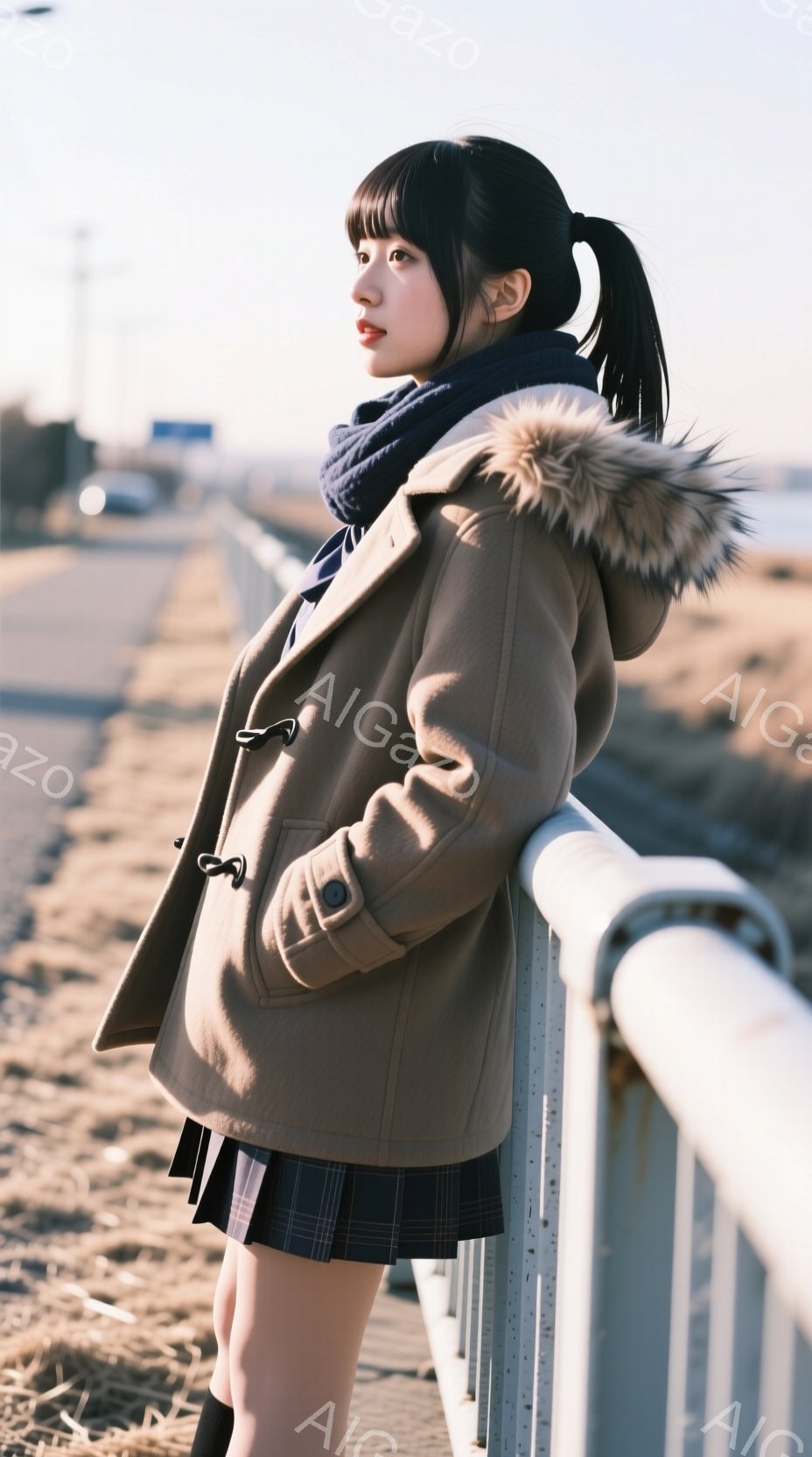 茶色のファー付きコートにチェック柄のスカートを着用した若い女性が、海沿いの柵にもたれかかっている。彼女は黒髪のロングヘアをポニーテールにし、少し憂いを帯びた表情で遠くを見つめている。背景には海と空が広 - AI生成フリー素材