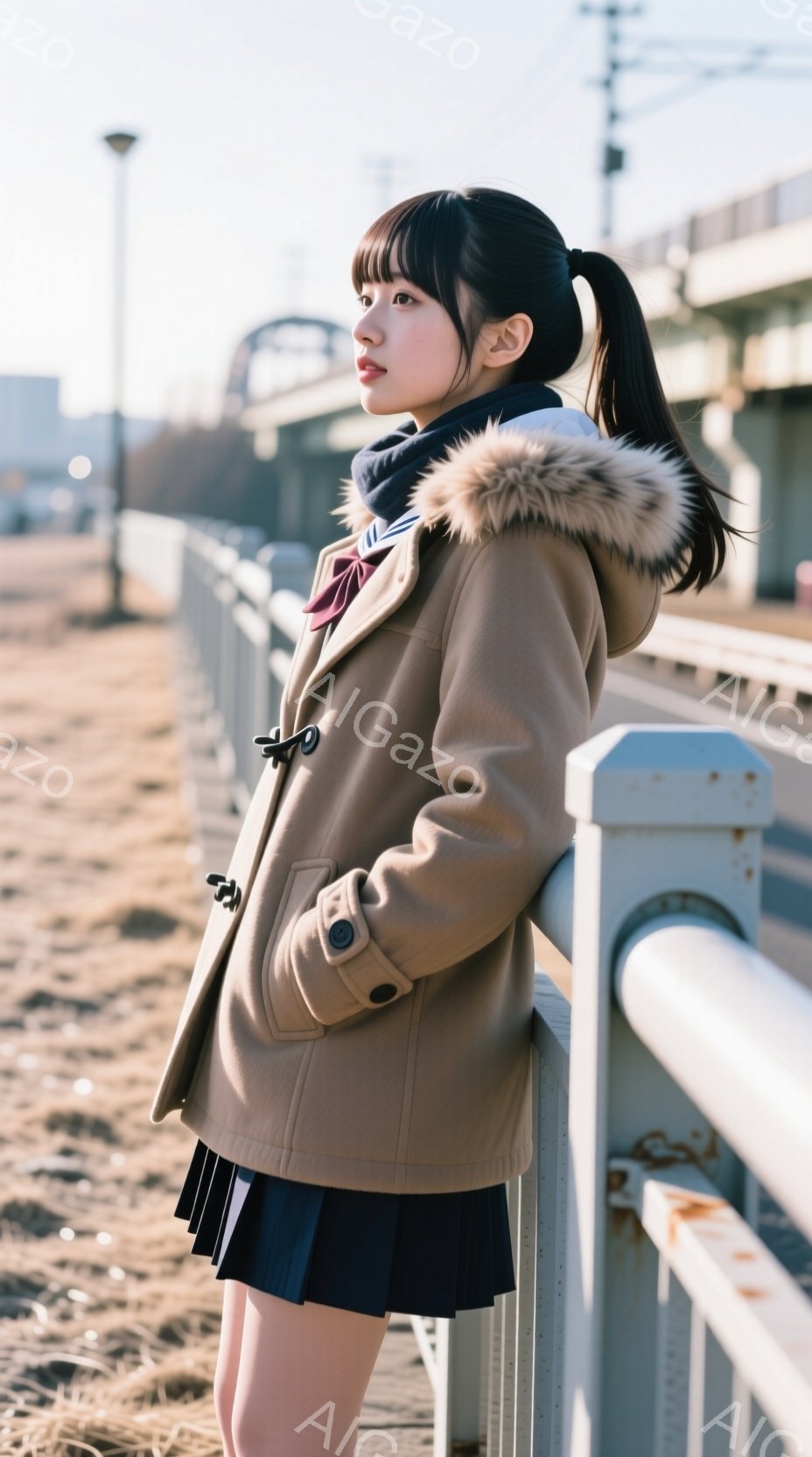 若い女性がベージュ色のファー付きのコートと黒のプリーツスカートを着用し、白い柵にもたれて立っている。彼女は長い黒髪をポニーテールにしており、少し上目遣いでどこか遠くを見つめている。背景には荒涼とした風景と、遠くに見える建物や電柱があり、晴れた日の穏やかな雰囲気を醸し出している。