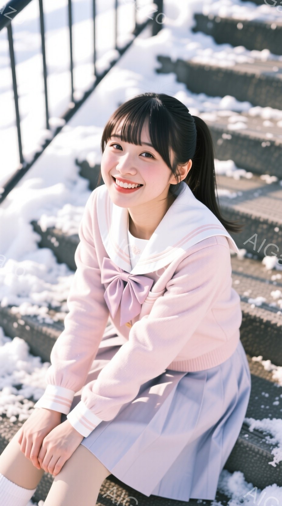 淡いピンク色のセーラー服を着た若い女性が、石段に座ってこちらを見ている。彼女は黒髪をポニーテールにし、明るい笑顔を浮かべている。背景は雪景色で、石段とフェンスが確認でき、冬の穏やかな雰囲気が漂っている。