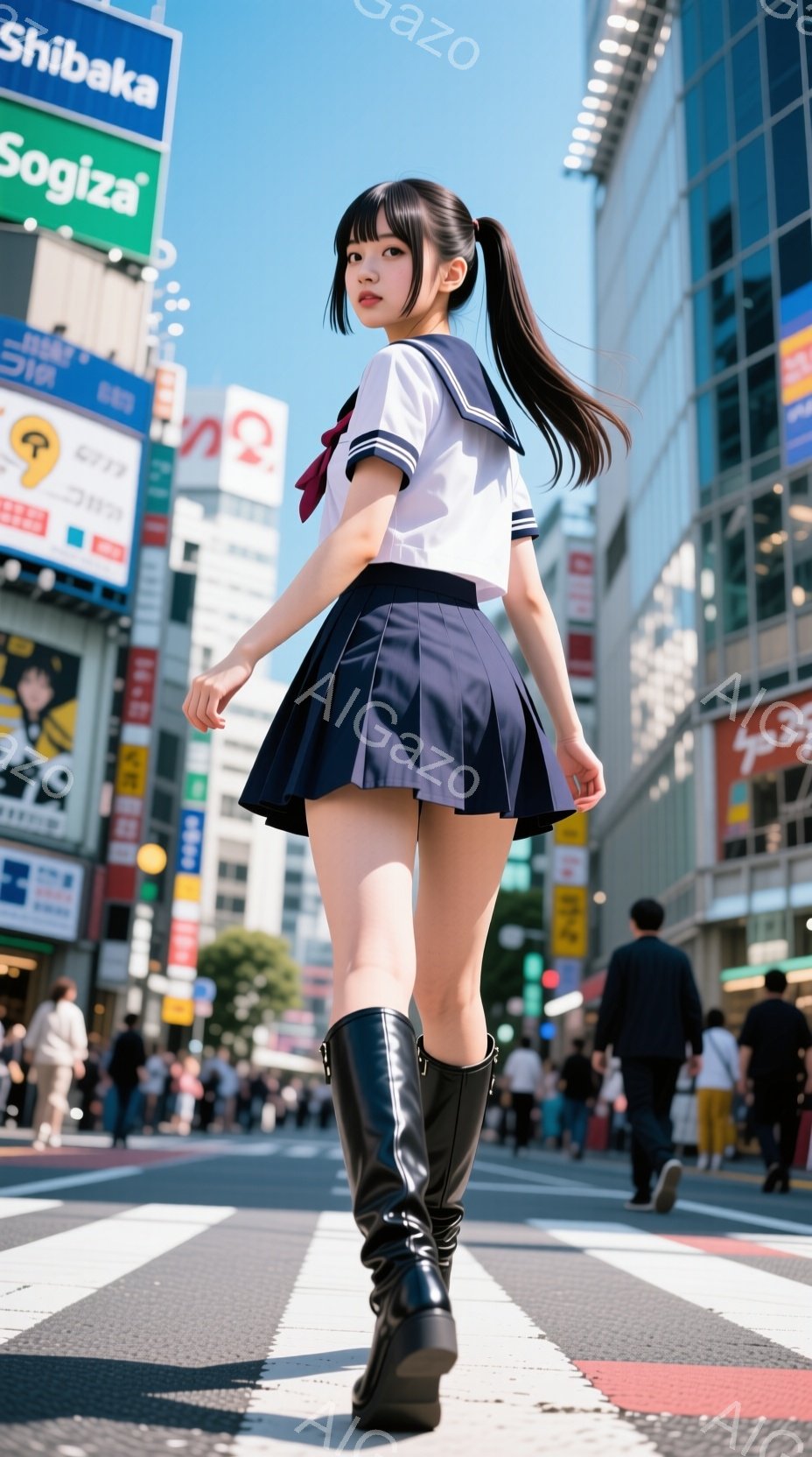 制服を着た若い女性が、賑やかな街の横断歩道の中央を歩いている。彼女は、白いシャツに濃い青色のプリーツスカート、そして黒いロングブーツを履いており、長い黒髪は後ろで結ばれている。背景には高層ビルが立ち並び、多くの人々が歩いている様子から、活気のある都会の雰囲気が伝わってくる。