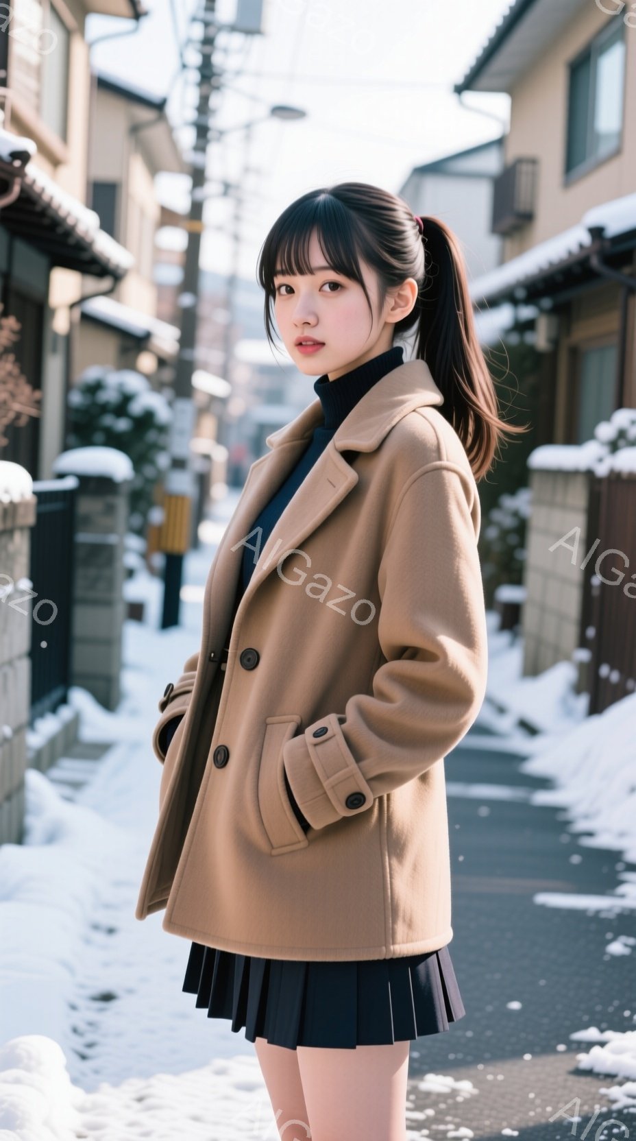 明るい日差しの中、若い女性がベージュ色のピーコートと黒のプリーツスカートを着用し、少し微笑んでいます。彼女は髪をポニーテールにし、姿勢よく立っており、足元には雪が積もった静かな住宅街が広がっています。 - AI生成フリー素材