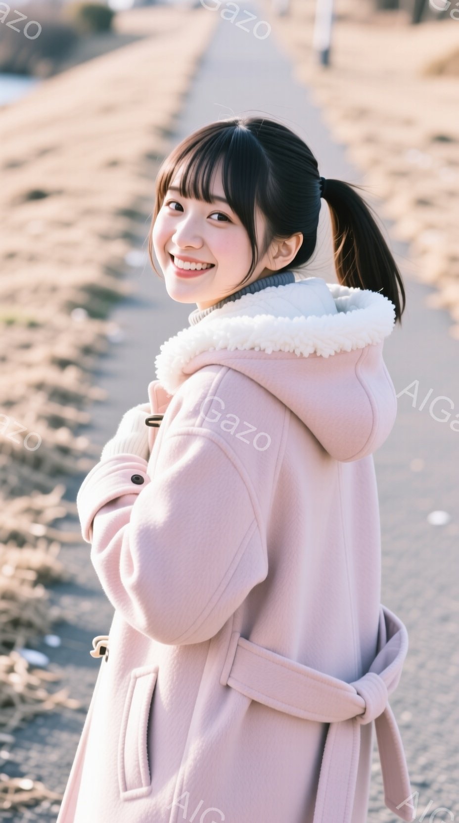 若い女性がピンク色のコートを着て、後ろを向いて微笑んでいます。彼女はダークブラウンのヘアスタイルで、前髪を少しおろして、後ろでポニーテールにまとめています。背景はアスファルトの道で、遠くにぼんやりと人 - AI生成フリー素材