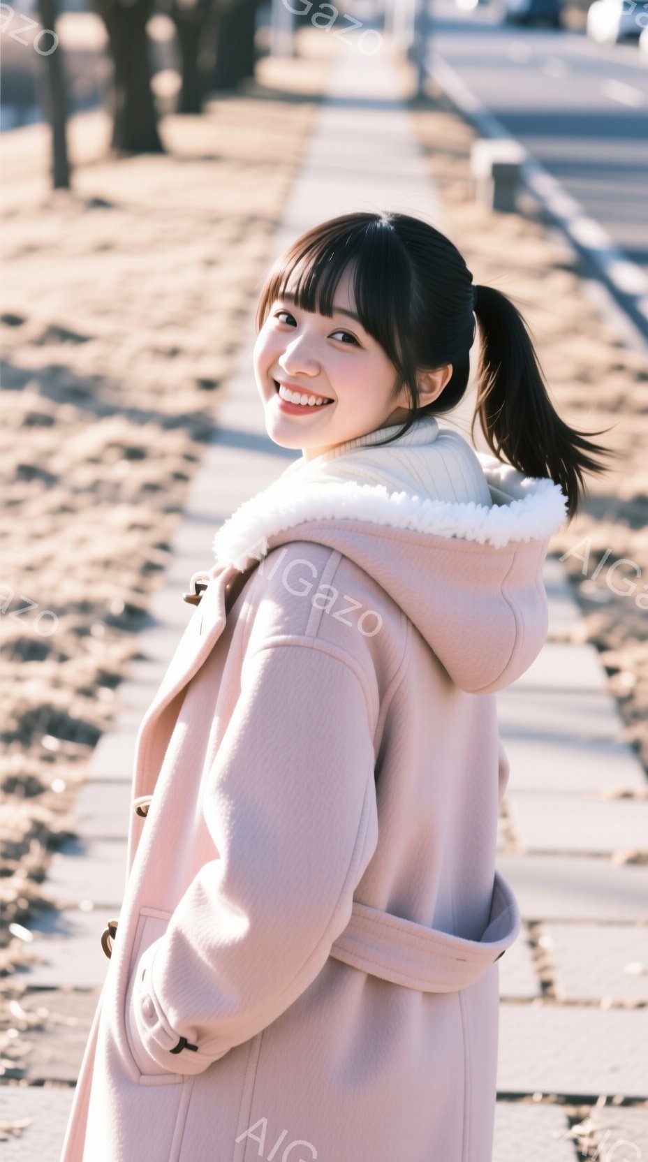 若い女性がピンク色のフード付きコートを着て、少し振り返って笑顔を浮かべている。彼女は黒髪のロングヘアをポニーテールにし、明るい表情で親しみやすい雰囲気である。背景には石畳の道と木々が見え、晴れた日の穏 - AI生成フリー素材
