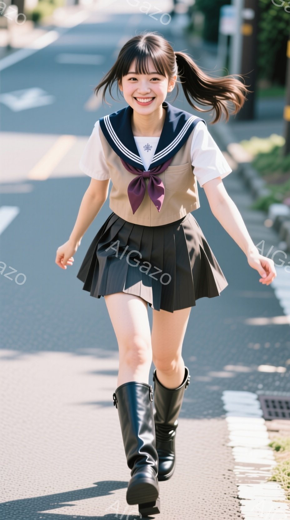 茶髪の少女が、制服姿で道路を走り、笑顔を浮かべている。彼女は、黒いプリーツスカート、白いブラウス、茶色のセーラーリボンを着用し、膝丈の黒いブーツを履いている。背景には道路と歩道が見え、晴れた日の屋外で、活気に満ちた雰囲気を感じさせる。