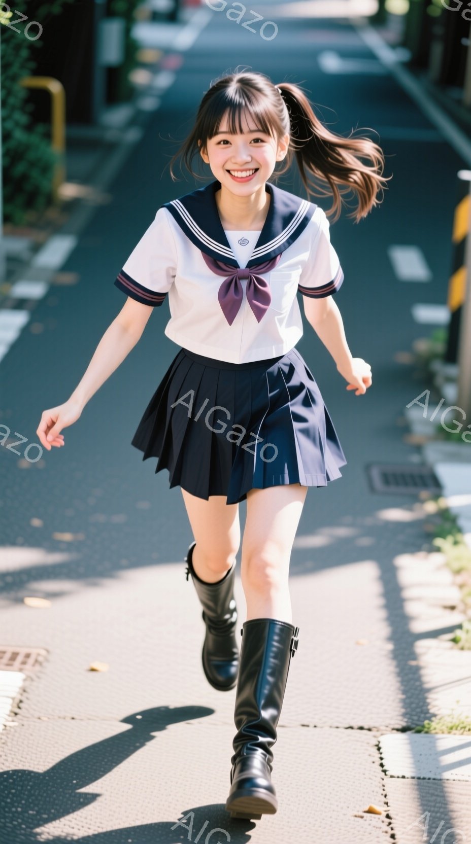 制服を着た若い女性が、道路を走っている様子が写っています。彼女は濃い色のスカートと、リボン付きのセーラー服を着ており、長い髪をポニーテールにしています。背景には道路と緑が見え、晴れた日の明るい雰囲気で - AI生成フリー素材