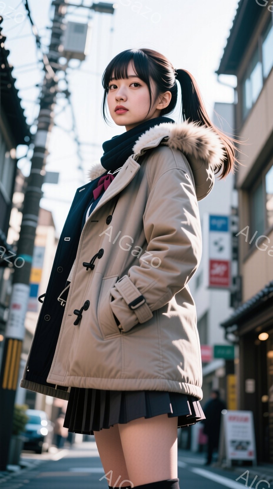 画像は、茶色のダッフルコートと黒いプリーツスカートを着用した若い女性が写っています。彼女は長い黒髪を後ろでポニーテールにし、少し上目遣いでカメラを見ています。背景には日本の街並みが見え、建物や電柱が並び、日差しが差し込んでいます。
