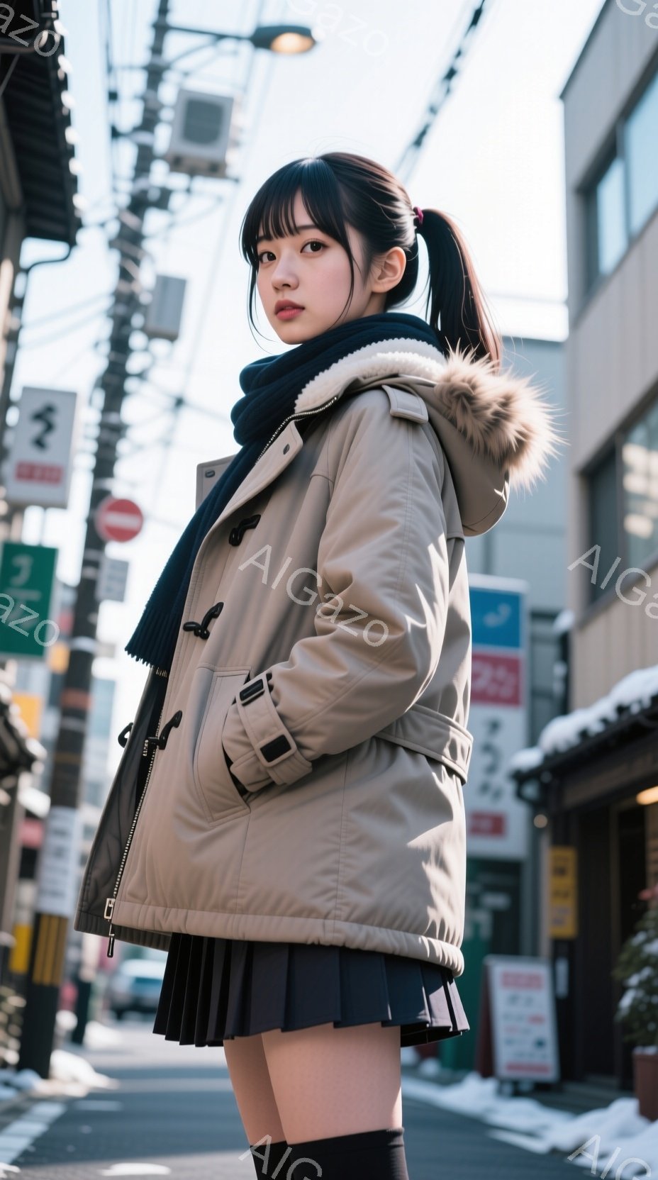 画像は、ベージュ色のファー付きパーカー、黒のプリーツスカート、黒のタイツを着用した若い女性を捉えています。彼女は少し振り返り、こちらを見つめており、表情はわずかに微笑んでいます。背景には、商店や建物が並び、地面には雪が残っており、冬の街並みが広がっています。