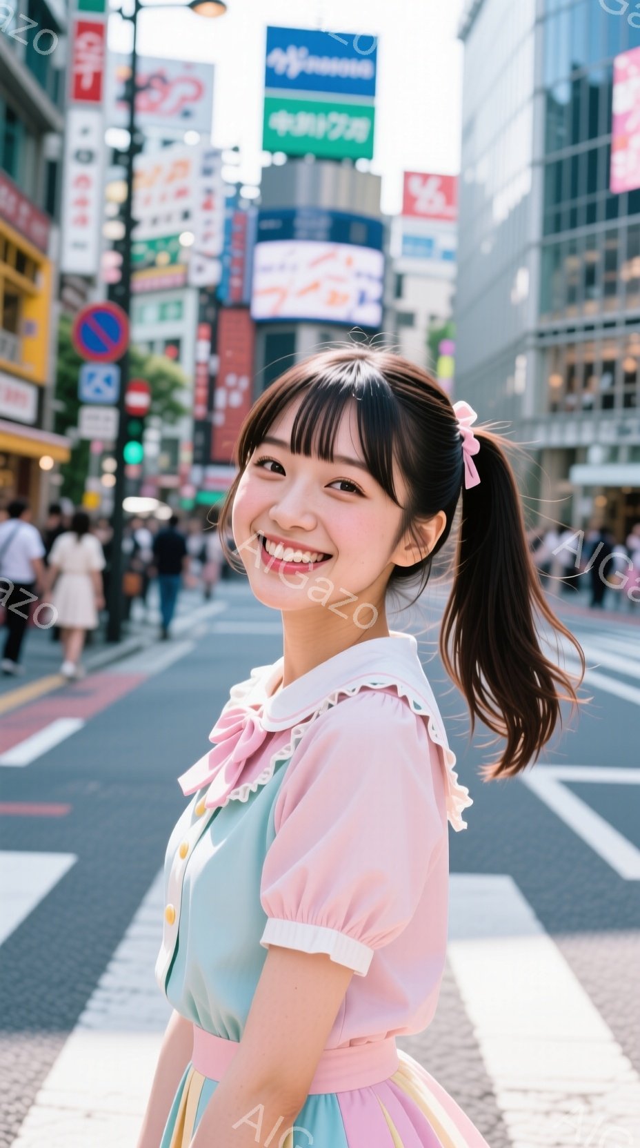 この女性は、パステルカラーのワンピースを着て、横向きに微笑んでいます。髪は高い位置でポニーテールにし、前髪はふさふさとしています。背景には賑やかな渋谷の街並みと、多くの歩行者、そして晴天の空が広がっています。