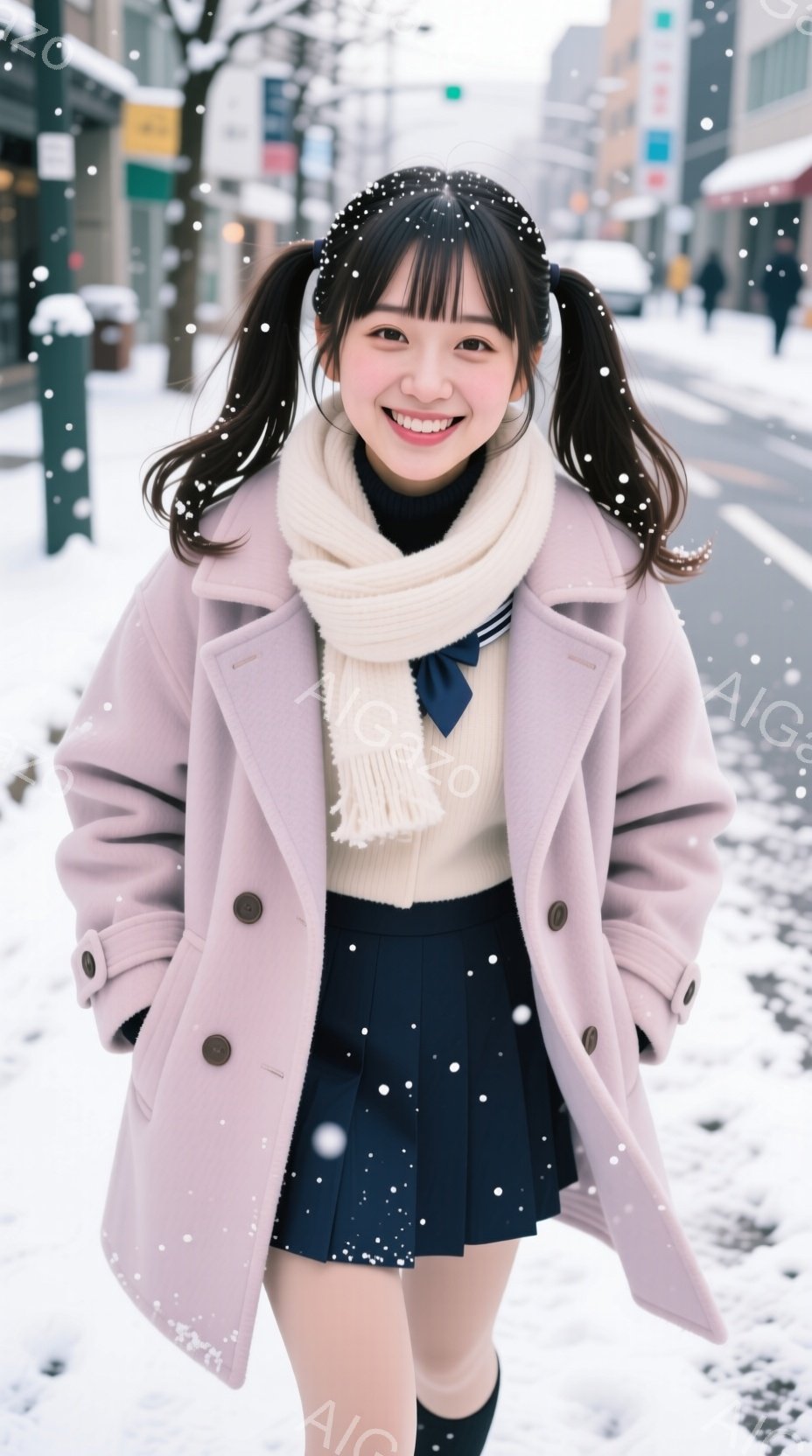 明るい笑顔の女性が、ピンク色のコートと紺色のプリーツスカートを身に着け、白いマフラーを巻いています。髪はツインテールにされ、雪が舞う街路でカメラの方を向いてポーズをとっています。背景には建物や木々が見 - AI生成フリー素材
