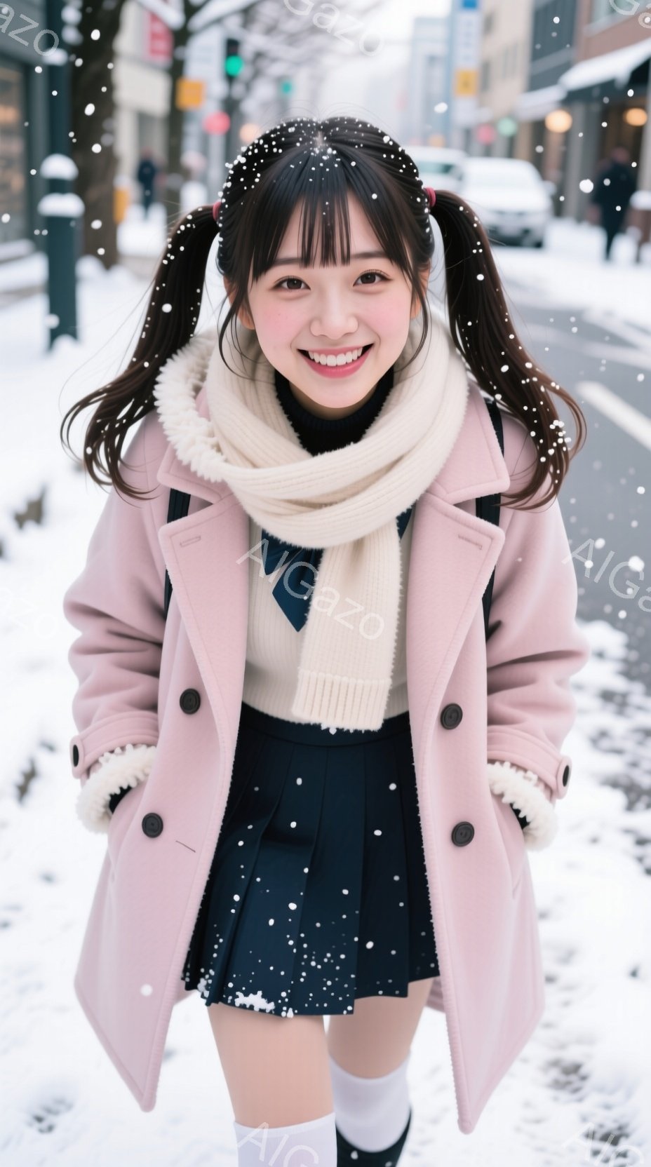 雪が舞う街中で、ピンク色のコートと紺色のプリーツスカートを身につけた若い女性が、笑顔でこちらを見ている。彼女は白いセーターとソックスを着用し、髪をツインテールに結んでいる。背景には、ぼやけた建物と街路 - AI生成フリー素材