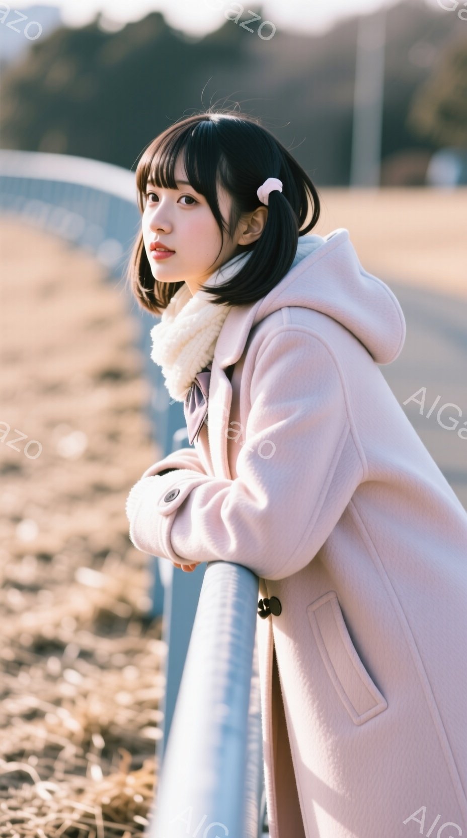 ショートカットの女性が、薄桃色のコートを着て、金属製の柵にもたれかかっています。彼女は正面を見つめ、わずかに微笑んでおり、髪には小さな飾りをつけています。背景は枯れた草地と、ぼやけた建物で、穏やかで少し寂しげな雰囲気です。