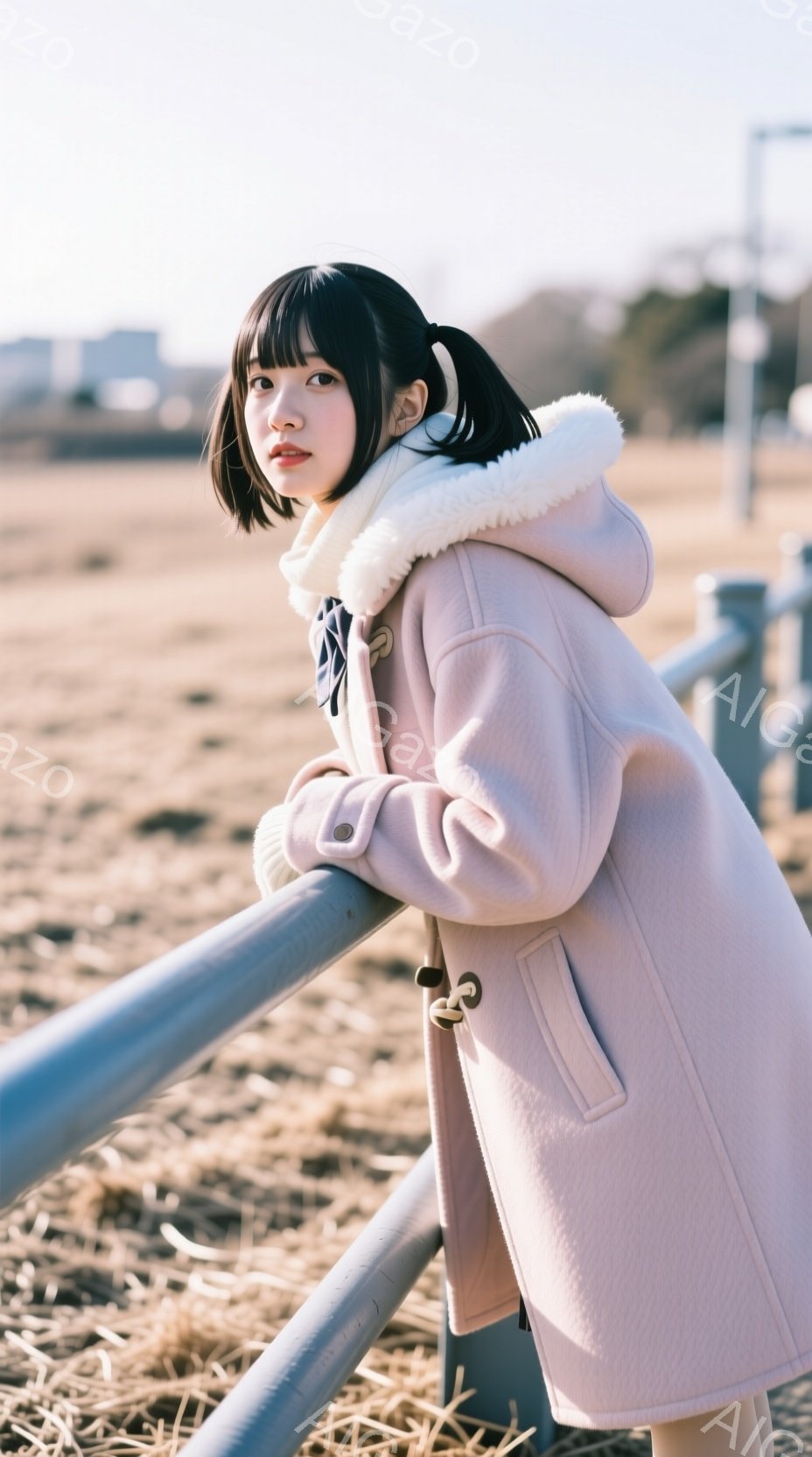 明るいピンク色のコートを着た若い女性が、金属製の柵にもたれかかって立っています。彼女は短い黒髪で、少し微笑んでいる表情をしています。背景には乾いた草地と遠くに見える建物があり、晴れた空が広がっています。
