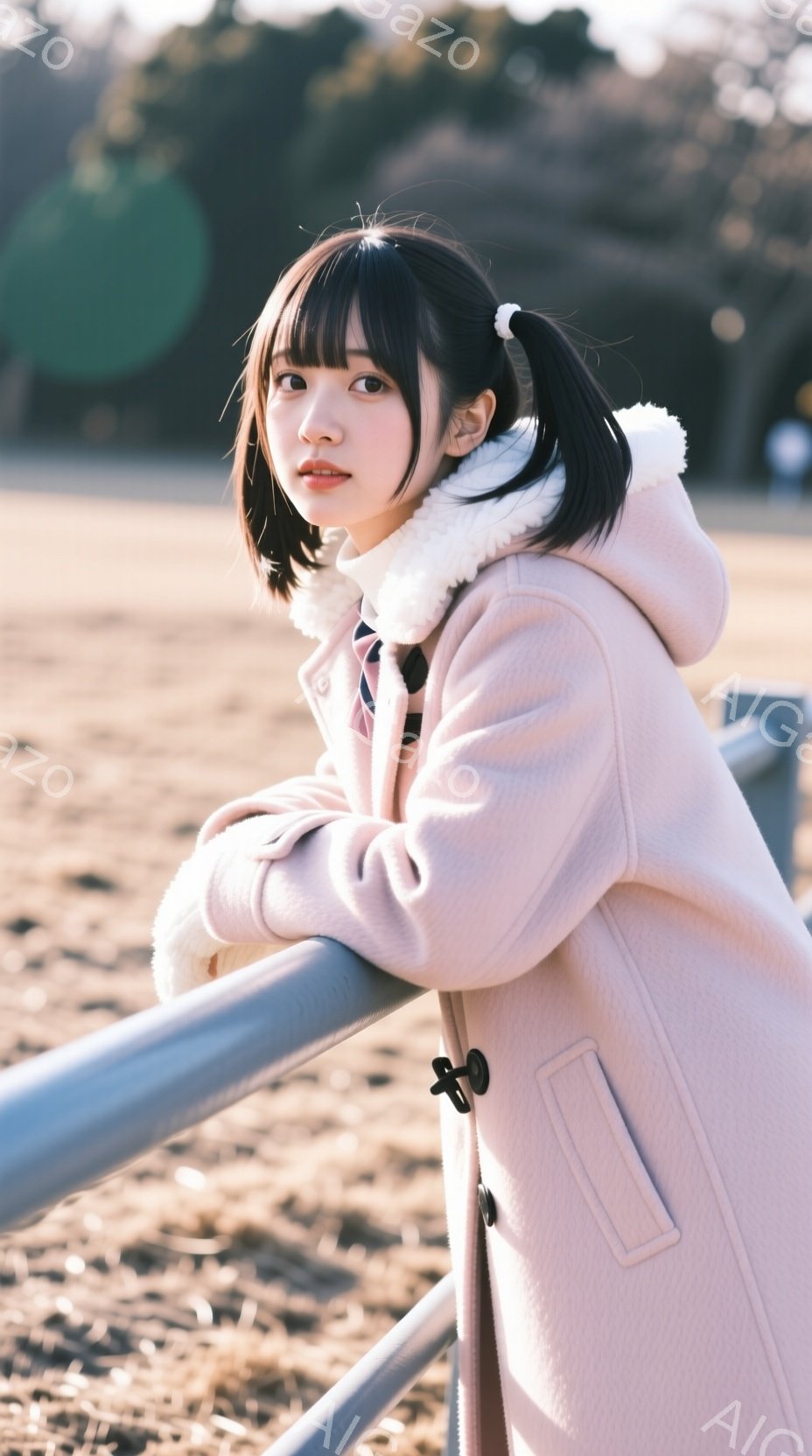 若い女性が、淡いピンク色のフード付きコートを着用し、グレーの柵にもたれて立っている。彼女は黒髪のショートボブで、前髪はぱっつん、表情は穏やかで少し微笑んでいるように見える。背景は日当たりの良い公園で、枯れた草地と木々が見え、穏やかな冬の日の雰囲気が漂っている。