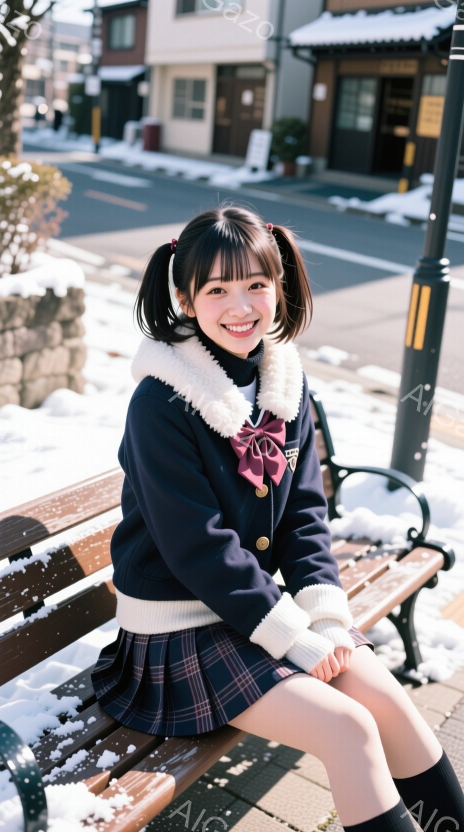 画像には、チェック柄のスカートと紺色のセーラー風ジャケットを着た若い女性が写っています。彼女はベンチに座り、膝を少し曲げて、笑顔でカメラを見ています。背景には雪が積もった道路と建物があり、冬の静かで穏 - AI生成フリー素材