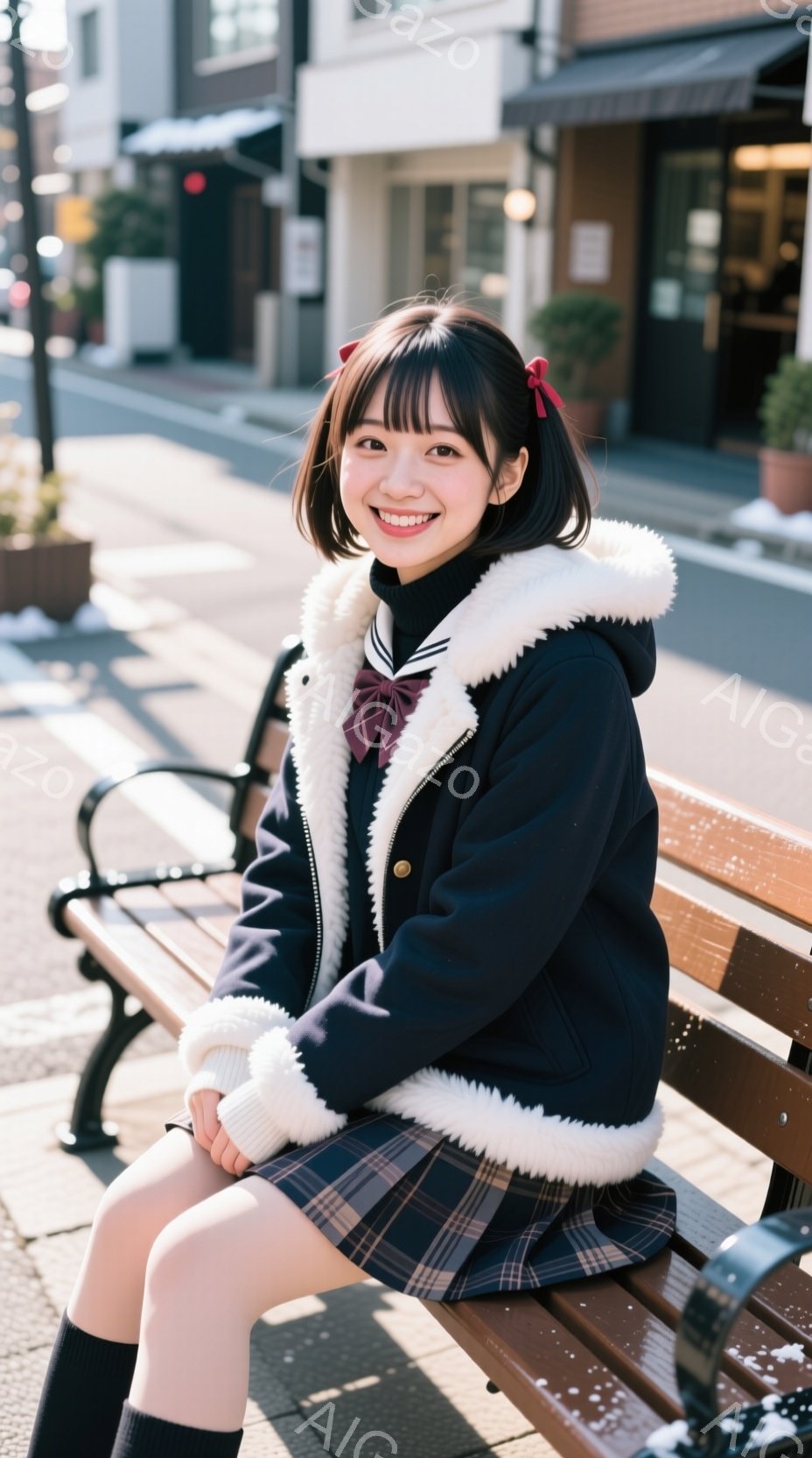 画像には、チェック柄のスカートと黒いジャケットを着た若い女性が写っています。彼女は公園のベンチに座り、笑顔でカメラを見ており、ヘアスタイルは前髪を合わせた短いボブカットです。背景には建物とわずかな雪が - AI生成フリー素材