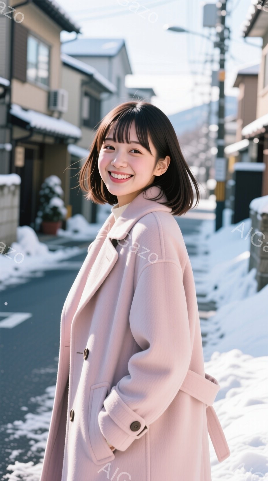 画像には、ピンク色のコートを着た若い女性が写っています。彼女は肩を少し内側に丸め、微笑んでおり、前髪が少し長めのヘアスタイルです。背景には雪に覆われた住宅街が広がっており、晴れた冬の日の穏やかな雰囲気 - AI生成フリー素材
