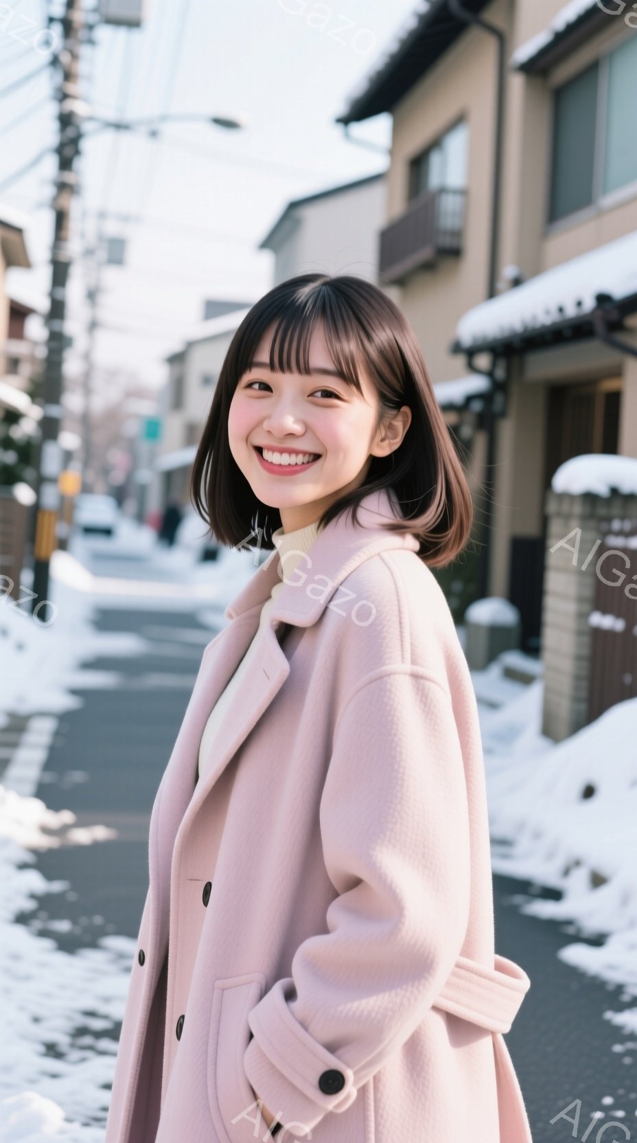 浅いピンク色のコートを着た若い女性が、雪景色の中に立っています。彼女は笑顔でカメラに向かって少し体を傾け、黒い髪は肩のあたりで切り揃えられています。背景には白い屋根の建物が並び、道には雪が積もっており - AI生成フリー素材