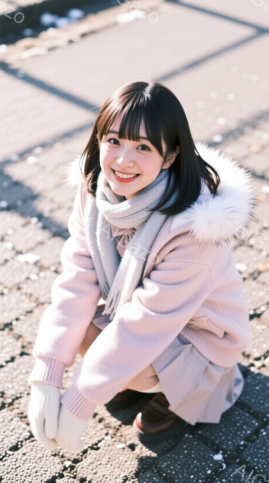 若い女性がアスファルトの道にしゃがみ込んで笑顔を見せています。ピンク色のパーカーに白いマフラーと手袋を着用し、茶色のショートブーツを履いています。背景はぼやけており、晴れた日の屋外で撮影された様子がうかがえます。