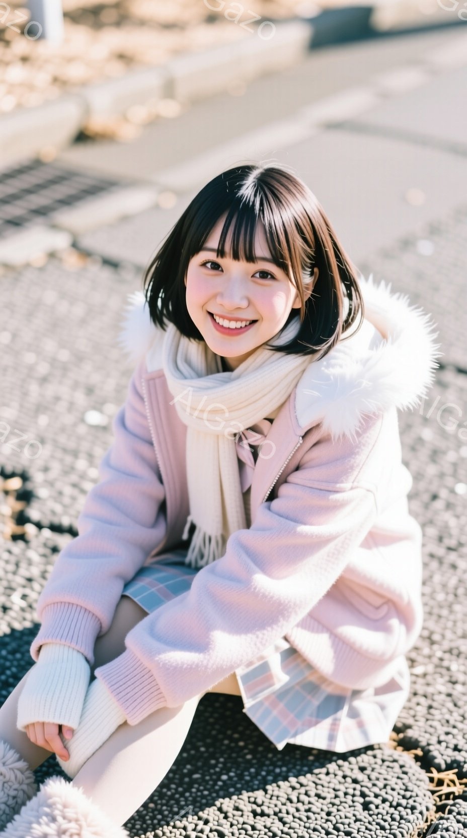 浅いピンク色のパーカーとチェック柄のスカートを身に着けた若い女性が写っています。彼女は膝を曲げて座り、満面の笑みを浮かべてカメラを見ています。背景はグレーの舗装路で、薄暗い光が差し込み、穏やかで可愛らしい雰囲気を醸し出しています。